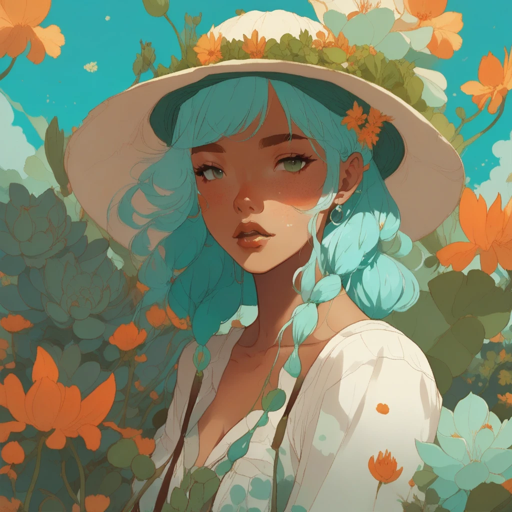 white hair, shirt, holding, freckles, hat, plant, aqua hair, surround by flowers, parted lips, dark-skinned female, flora, dress, lips