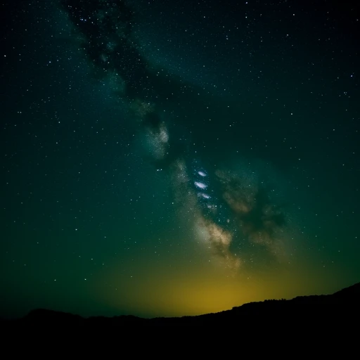 and hints of green, almost black gradient towards the horizon. The Milky Way appears as a luminous, diffuse light stretching diagonally across the upper half of the image. The sky is predominantly dark, which vary in brightness and size. The stars are predominantly small, casting subtle shadows that add depth to the scene., a band of light stretching horizontally across the image, swirling clouds of stars and gas. A prominent meteor streaks diagonally from the top right to the bottom left
