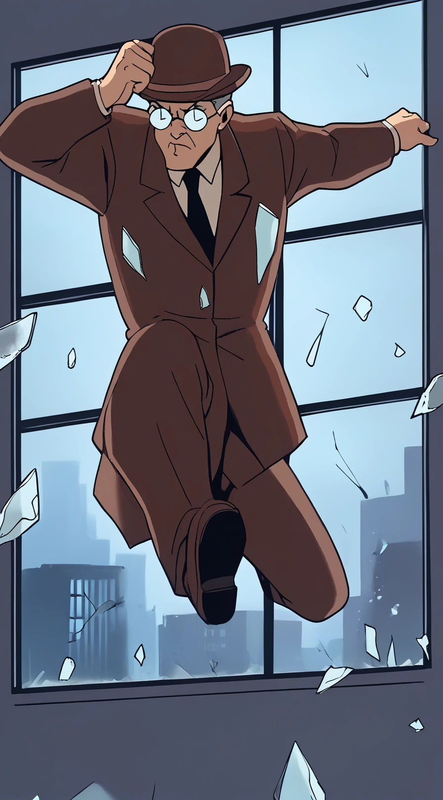 ccbtas, (brk3w1nd), jumping, stepping, broken glass, large broken window, round eyewear, opaque glasses, brown hat, brown suit, hand on hat, dramatic lighting, <lora:Clock_King_-_Batman_Animated_v1:0.9>,  <lora:window_break:0.9>,  <lora:batman_pony_v1:0.3>, score_9, score_8_up, score_7_up, score_6_up, score_5_up, score_4_up,