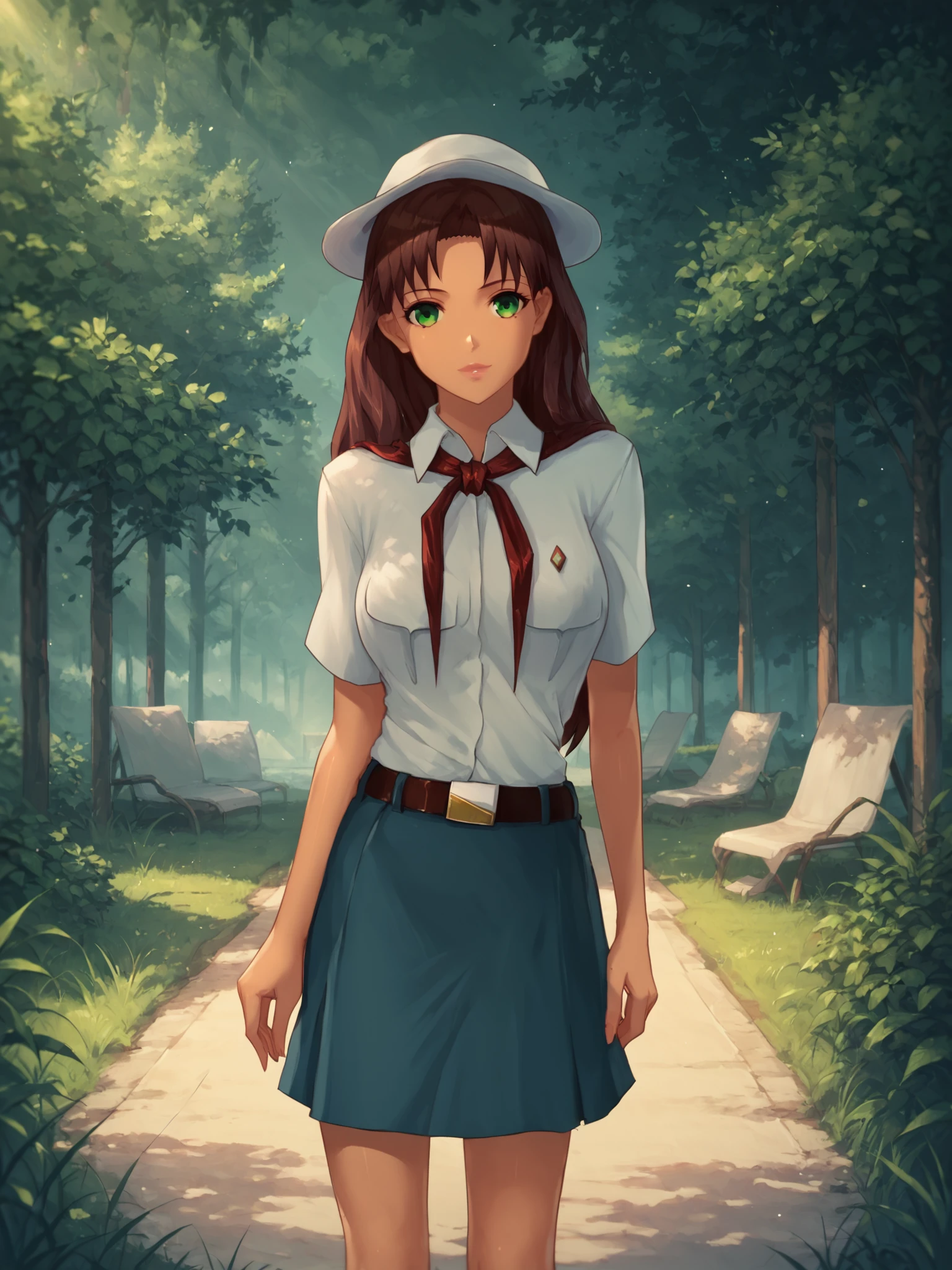 <lora:Everlasting_Summer:1>,safe_pos, score_9, score_8_up, score_7_up,score_6_up,olga,everlasting summer,long hair,brown hair,1girl,solo,green eyes,looking at viewer,looking at viewer,outdoors,belt,skirt,shirt,hat