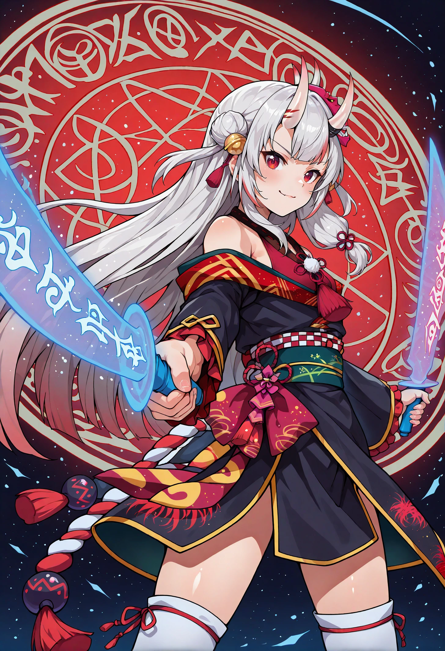 masterpiece, best quality, 1girl, nakiri ayame \(1st costume\), ho****ve, magic circle, holding energy sword, blue theme, red theme, sparkle, cowboy shot, light particles, colorful, looking at viewer, stance, very aesthetic, absurdres, foreshortening, runes, dark enviroment, stance, from side, dual wielding, spinning,