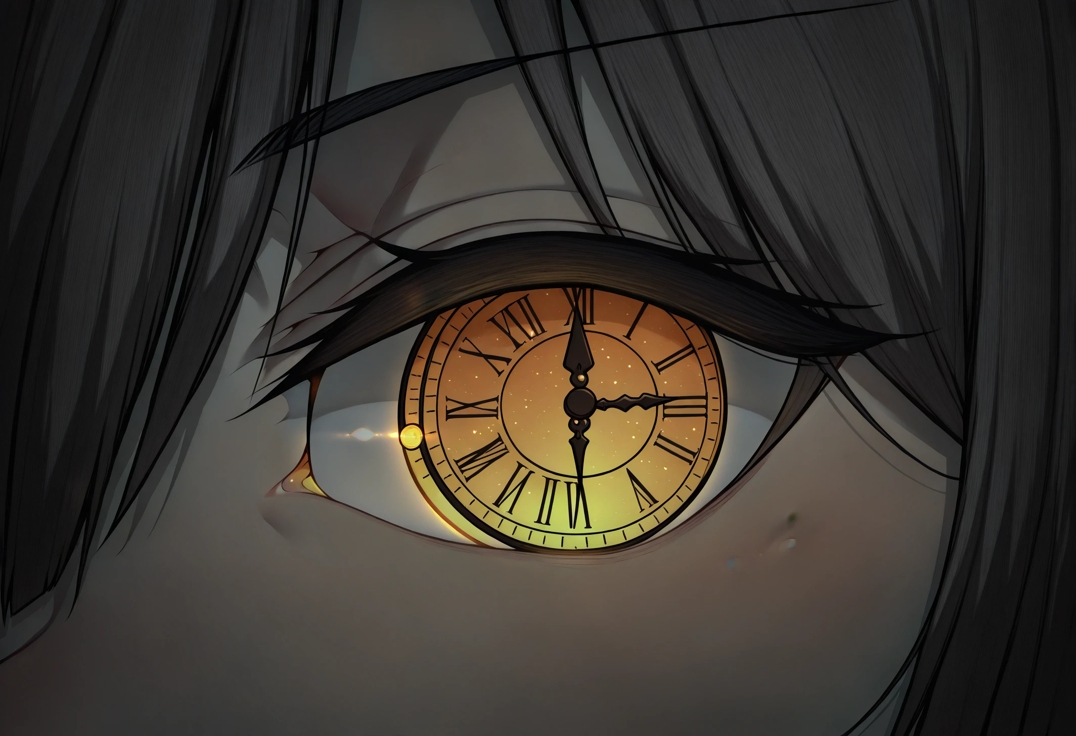 masterpiece, best quality, <lora:ChamKurumiIllustriousXL:1>, KrmiDef, clock eyes, yellow eye, long hair, close-up, eye focus, roman numeral, glowing, spot color, monochrome,