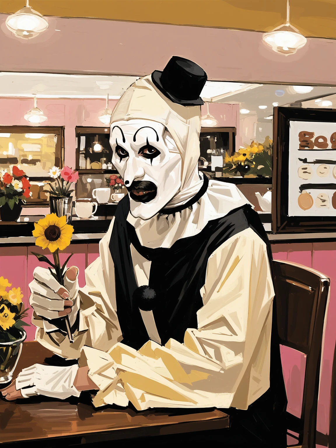 <lora:ArtTheClownN:0.8>, art_costume, art_the_clown, <lora:art_the_clown:0.35>, black eyes, male focus,
sitting on chair, table, flower,
cafe background, indoors,
night,
solo,
upper body,
pink walls,
yellow theme,
, <lora:MandradjievRassstrovV2:0.8>, zPDXL3