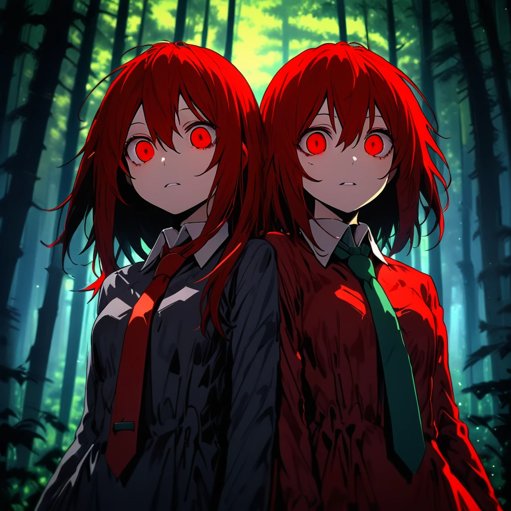 dress, forest, 2girls, red eyes, necktie