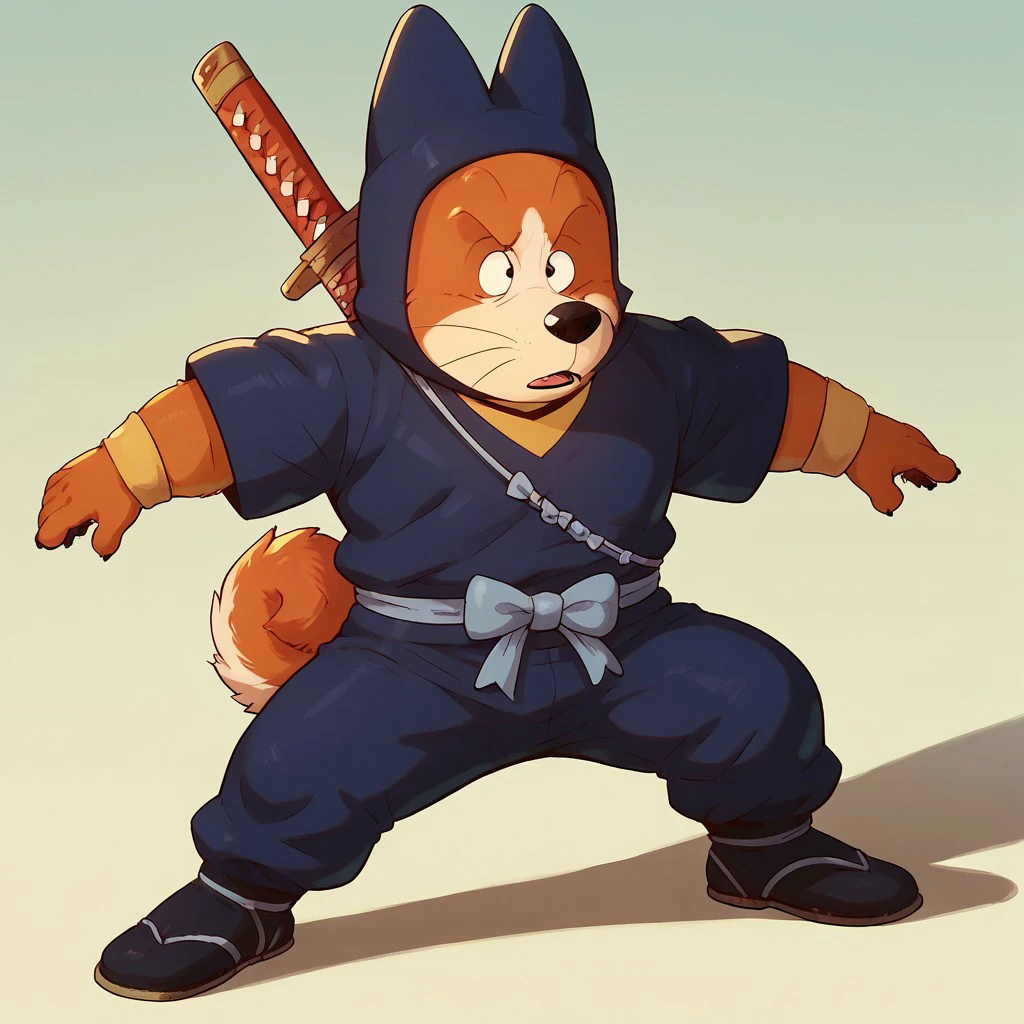 score_9, score_8_up, score_7_up, score_6_up, score_5_up, score_4_up, best quality, shu1, furry, dog, ninja, katana, tail, orange and white fur, two tone fur, boy, solo,