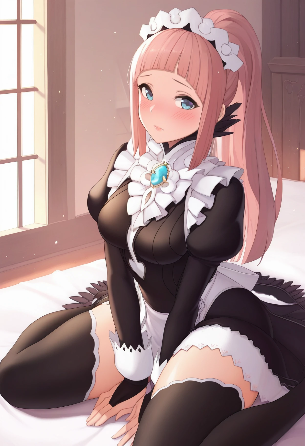 masterpiece, best quality, 1girl, solo, wariza, sitting, looking at viewer, blush, lips, <lora:felicia-fe-richy-v1_ixl:1> f1cdf, blue eyes, pink hair, long hair, ponytail, sidelocks, blunt bangs, maid headdress, black feathered collar, blue brooch, medium breasts, maid, juliet sleeves, bridal gauntlets, indoors, , black thighhighs, thighs