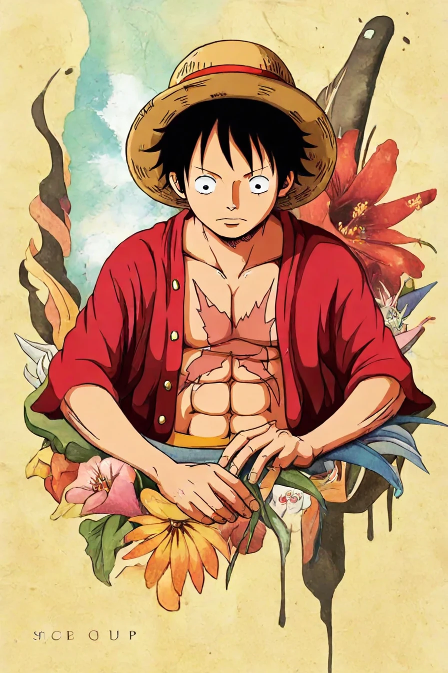 score_9, score_8_up, score_7_up, score_6_up, score_5_up, score_4_up, <lora:LUFFY_pony_XL:0.6>, Luffy, red jacket, scar on chest, straw hat, black hair, <lora:Nujabes_cover_style-000013:1>,1boy alone, solo,  nujabes_cover_style,  painting , floral element, organic pattern, masterpiece, highres