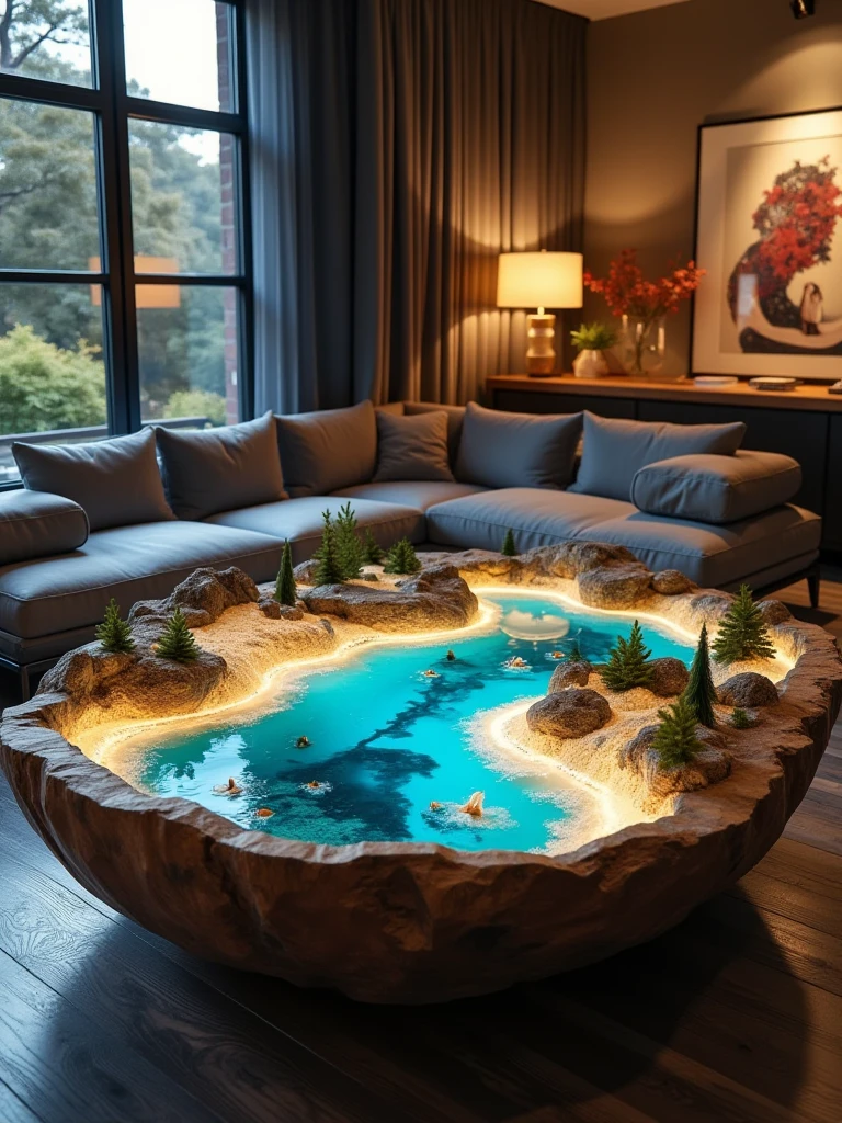 sea river table,living room,dark floor,