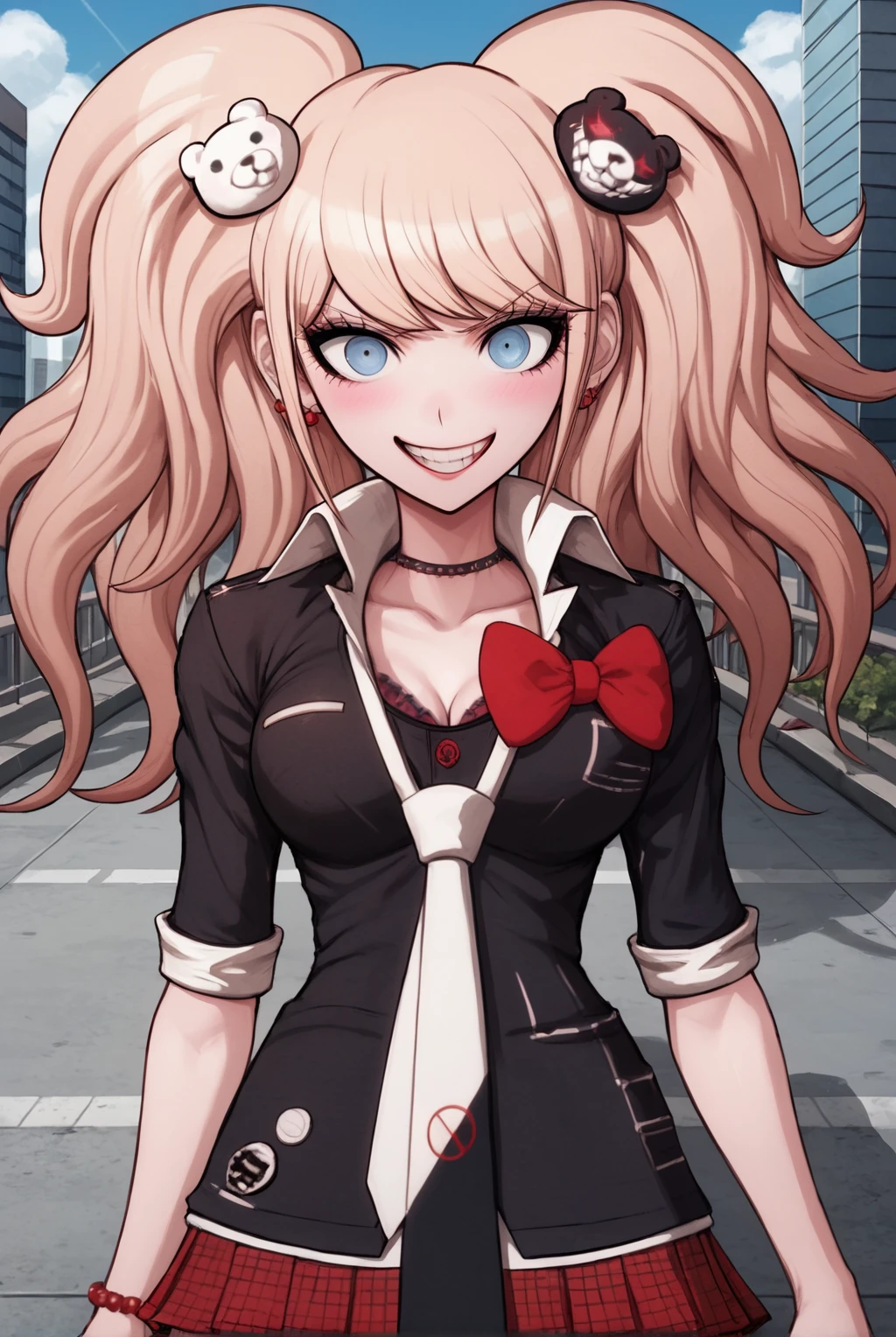 score_9, score_8_up, score_7_up, 1girl, JunkoDR, enoshima junko, danganronpa, blue eyes, blonde hair, hair ornament, bow, twintails, smile, crazy eyes, necktie, bra, red bow, black shirt, black choker, sleeves rolled up, white necktie, bear hair ornament, black boots, nail polish, miniskirt, pleated skirt, red skirt, plaid skirt, looking at viewer, blush, (day, city, street:1.2), portrait, close up, (fighting stance:1.2), (from above), official style