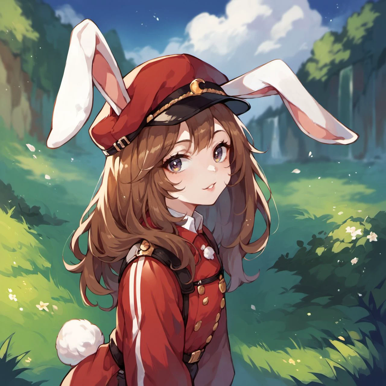 score_9, score_8_up, score_7_up, score_6_up, rabbie, rabbit ears, rabbit tail,
1girl, solo, long hair, brown hair, looking at viewer, red millitary uniform, hat,
<lora:rabbie_race_v1-000005:0.8>,