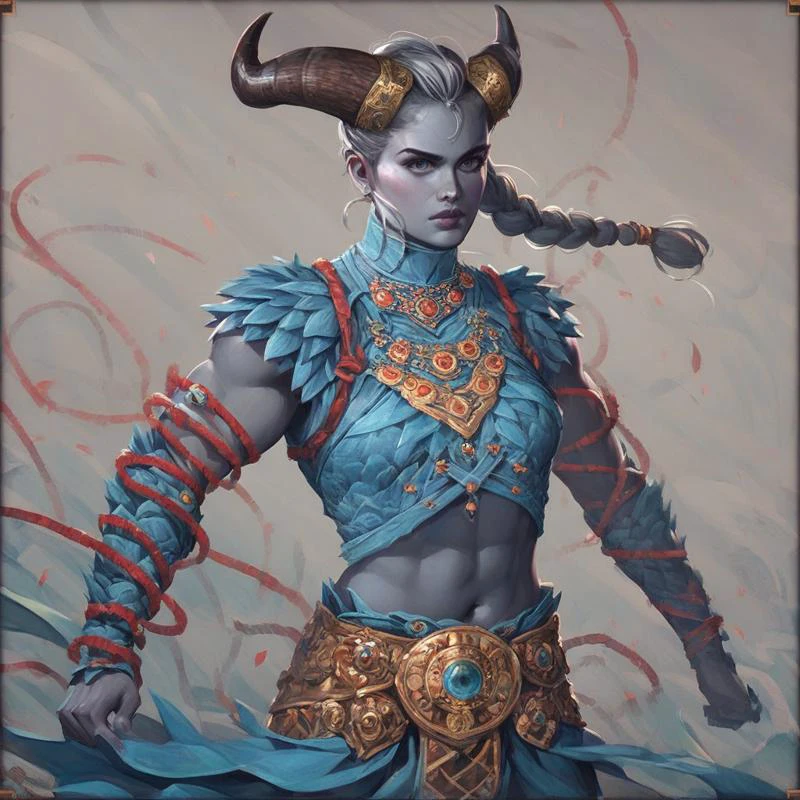 score_9, score_8_up, score_7_up, score_6_up, 1girl,
taash, qunari, long grey hair, long braid, emerald horn, brown horn, grey skin, bony face, navel,
feathered armor, taash_o1, jewelry, arm ropes, belt, (sleeveless:1.4),
mean expression, action pose, creative angle, dynamic pose,