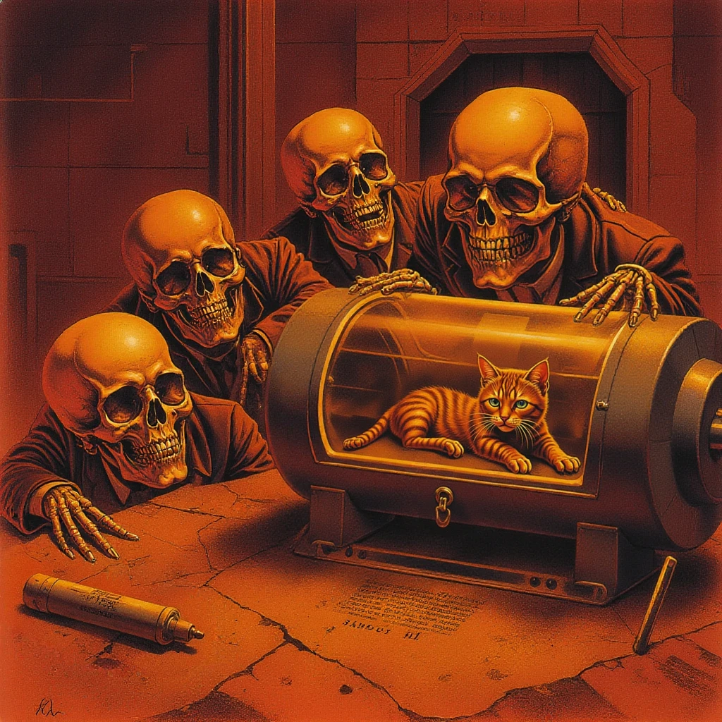 Four skulls looking to a cryogenic capsule with a cat lying inside, painting in the style of m3g4d3thart artstyle, inside a factory, orange tone