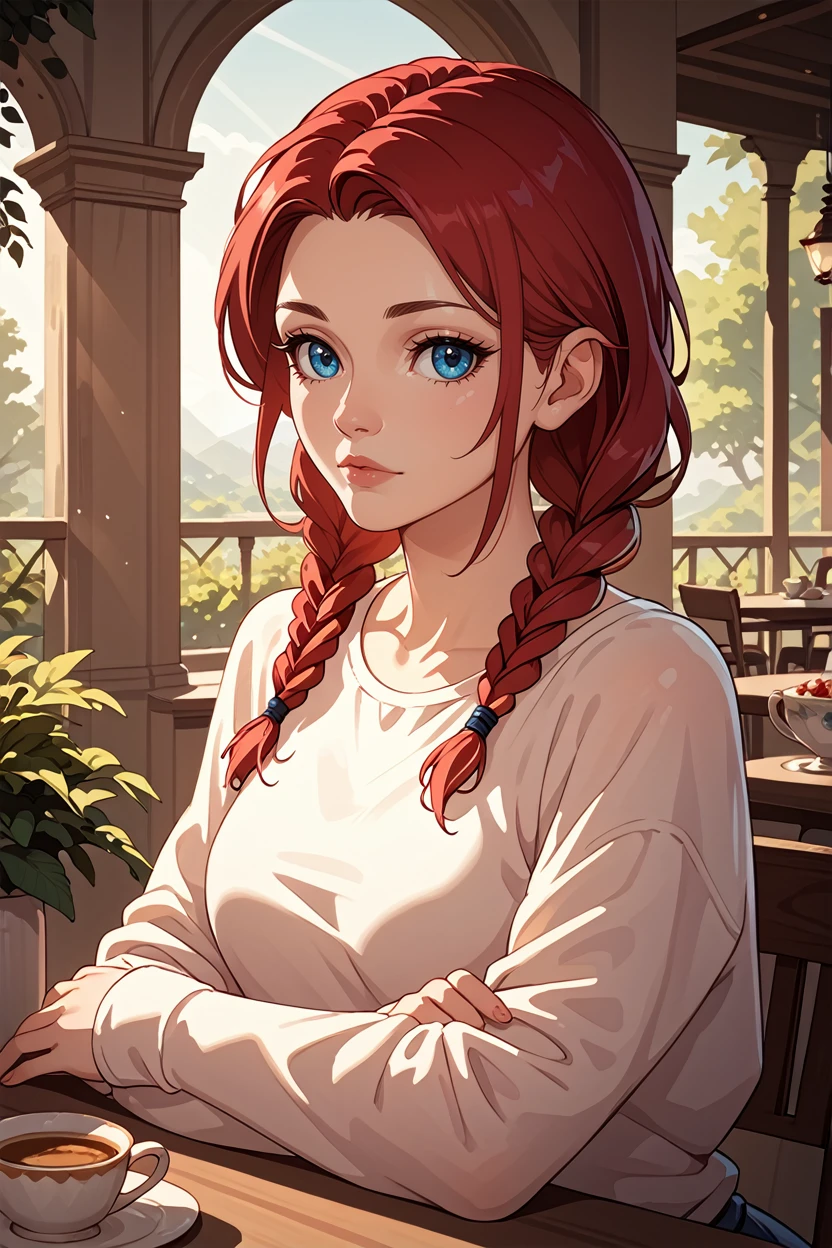 score_9, score_8_up, score_7_up, score_6_up
<lora:DBDMeg:0.8>
DBDMeg, 1girl, red hair, blue eyes, twin braid, looking at viewer, cafe terrace, morning, peaceful and serene with soft morning sunlight