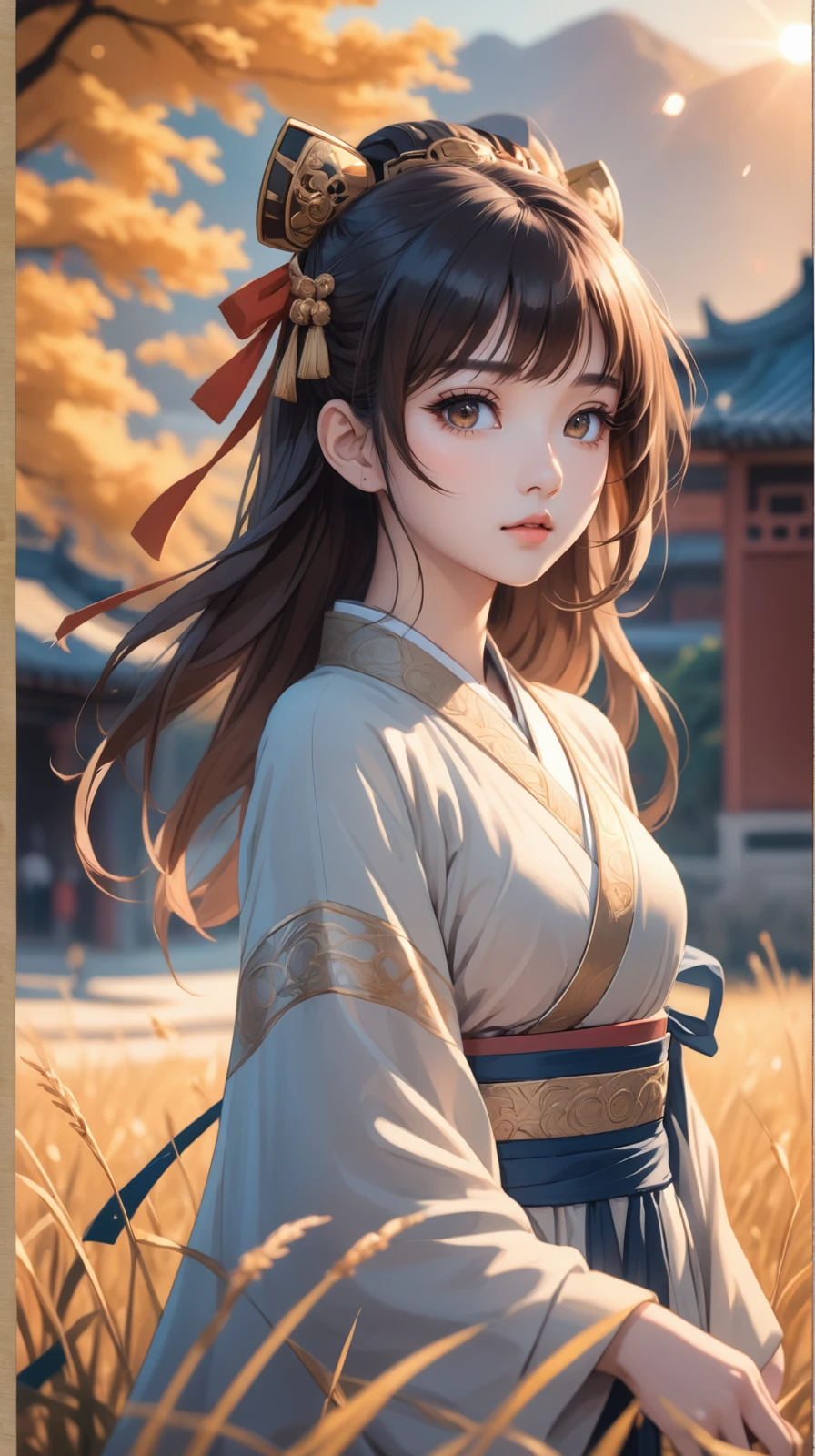 masterpiece, best quality, sharp and in focus, (((masterpiece))) , (((best quality))) , anime style, 2d, anime wallpaper forced, anime album cover, Street level shot of a Gorgeous Dreamlike fit Yuan Dynasty (appealing 1girl, solo:1.3) , Tilted head, her hair is Honey, elegant Hair Ribbons, warm grass, Hopeful, Afrofuturism, spotlit, Depth of field 100mm, Instax, anime sketch, highly color focused, sunny, cinematic light, pure