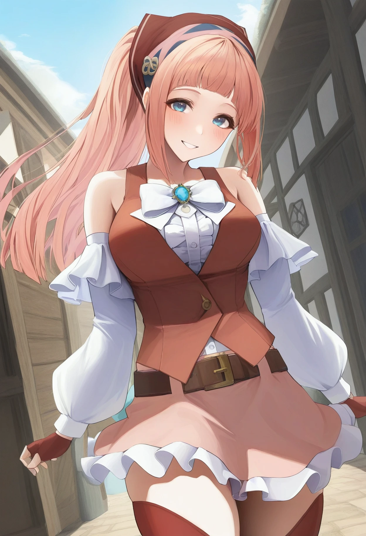 masterpiece, best quality, 1girl, solo, <lora:felicia-fe-richy-v1_ixl:1> f1cpcnc, blue eyes, pink hair, long hair, ponytail, sidelocks, blunt bangs, bandana, medium breasts, white bow, red vest, detached sleeves, long sleeves, white sleeves, bare shoulders, fingerless gloves, red gloves, belt, pink skirt, red thighhighs, blush, (leviathan \(hikinito0902\):0.7), outdoors, looking at viewer, smile, parted lips,