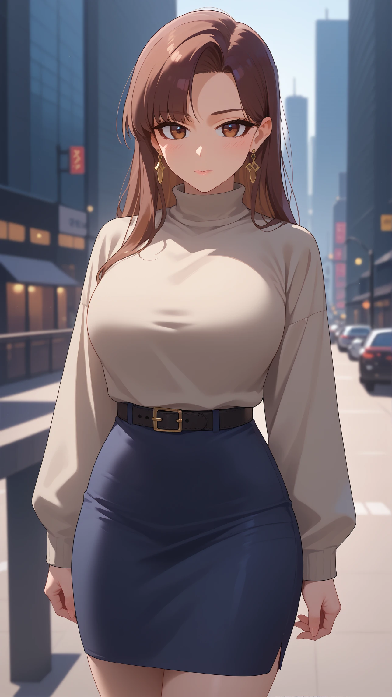 score_9, score_8_up, score_7_up
<lora:JangYeeun:1>, brown hair, brown eyes, bangs, large breasts, long hair, parted bangs
swtrjang, long hair, grey sweater, turtleneck sweater, sleeves past wrists, black belt, blue skirt, pencil skirt, earrings
standing, cowboy shot
cityscape
