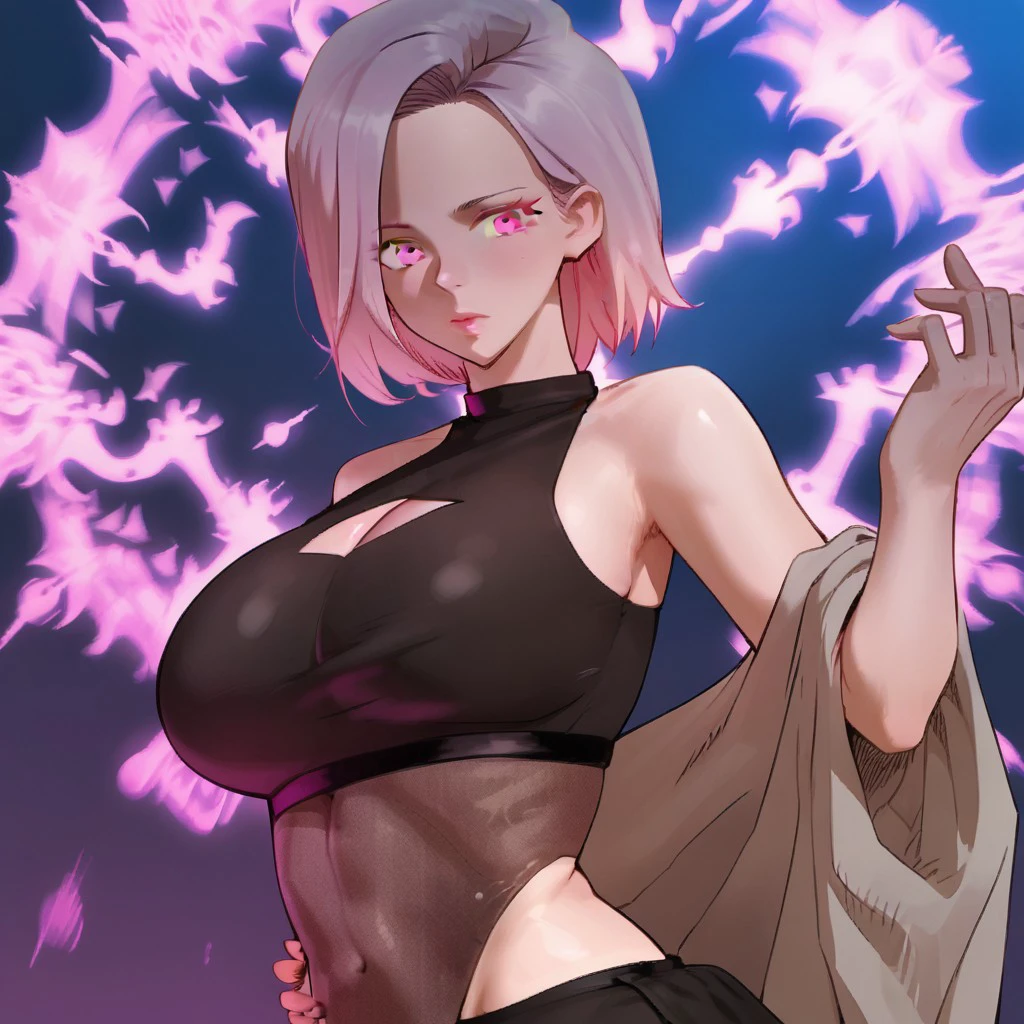 score_9, score_8_up, score_7_up, BREAK, KarenCross_WDE, short hair, pink hair, hair behind ears, pink eyes, large breasts, halterneck, crop top, cleavage cutout, sleeveless, midriff,  black miniskirt, fishnet leotard, shawl, 1girl, solo,