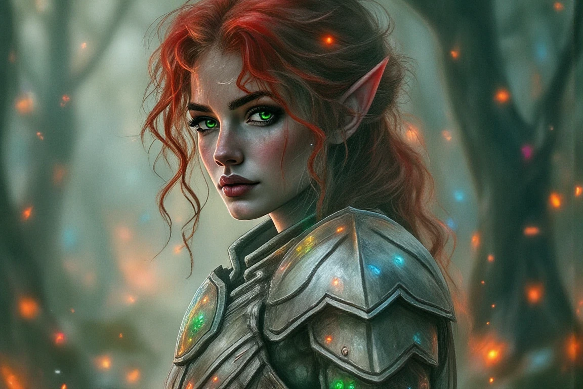 Prompt: Beautiful female woodelf in shiny iron and silver armor, full body view, full body shot, feet and arms seen in the view, hyper photorealistic, ultra photorealistic, looking straight into camera, Elf, pointy ears, photorealistic, fighting pose, shoulder length wavy red hair, full body, athletic figure, beautiful green eyes,  8k, ultra realistic, hyper realistic, highly detailed, daylight, fantasy style, high contrast, colorful polychromatic, (Intricately Designed face: 1.3),  dramatic lighting, wet and sweaty skin, dirty skin, Cinematic colorful lighting, realistic body and face, Photograph Taken on Nikon D750, Intricate, Elegant, Digital Illustration, Scenic, Hyper-Realistic, Unreal Engine, CryEngine, Octane Render, Artgerm, WLOP, Greg Rutkowski, 8k ultra high resolution concept art, hyper-defined, sharp focus, echoing, (hyperdetailed body and face: 1.3),  asymmetric balance, Stunning and amazing.,Acrylian4,Lineart style:Charcoal lineart and white chalk lineart,Tannis, Tanis, Esmeralda , piercing multicolor colorful eye color,black ink lineart, dynamic pose, Amazing artwork, a Masterpiece painting