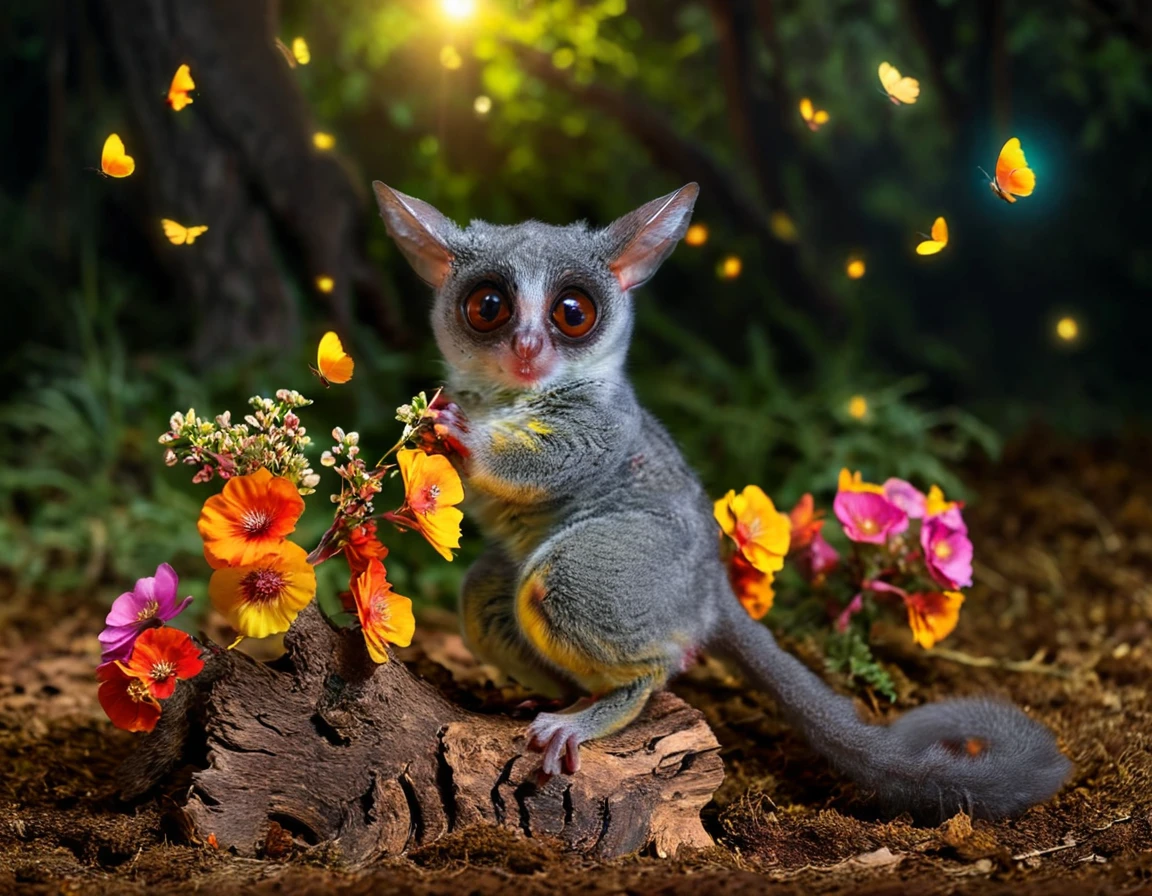 animal galago standing next to a tree in a forest