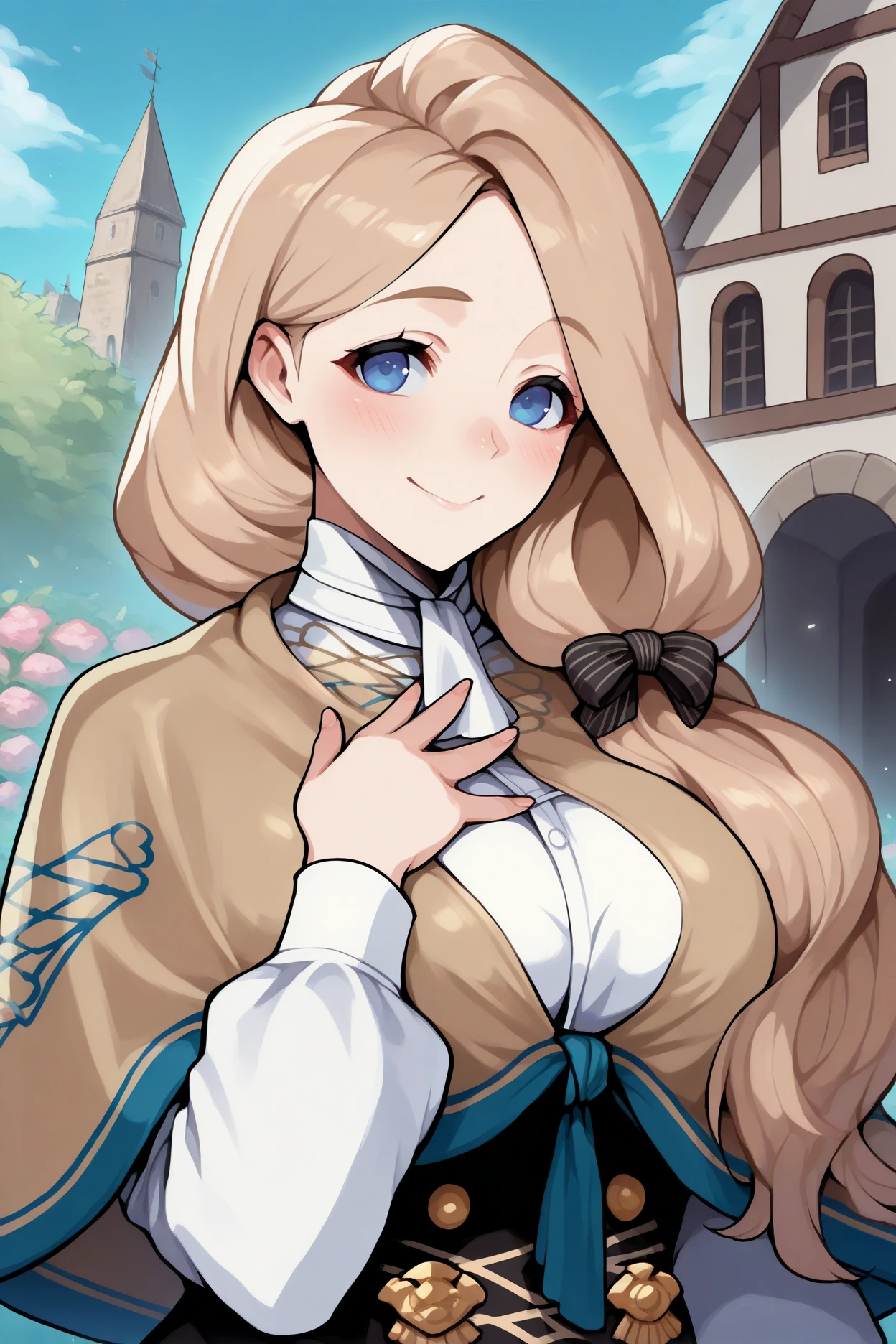 masterpiece, best quality, 1girl, solo,  <lora:femercedes-illu-nvwls-v1-000005:1> defmcdes, blonde hair, low-tied long hair, hair over shoulder, blue eyes, hair bow, beige capelet, white shirt, white ascot, high-waist skirt, black skirt, upper body, medieval, building, garden, blue sky, looking at viewer, happy, large breasts, hand on own chest, blush