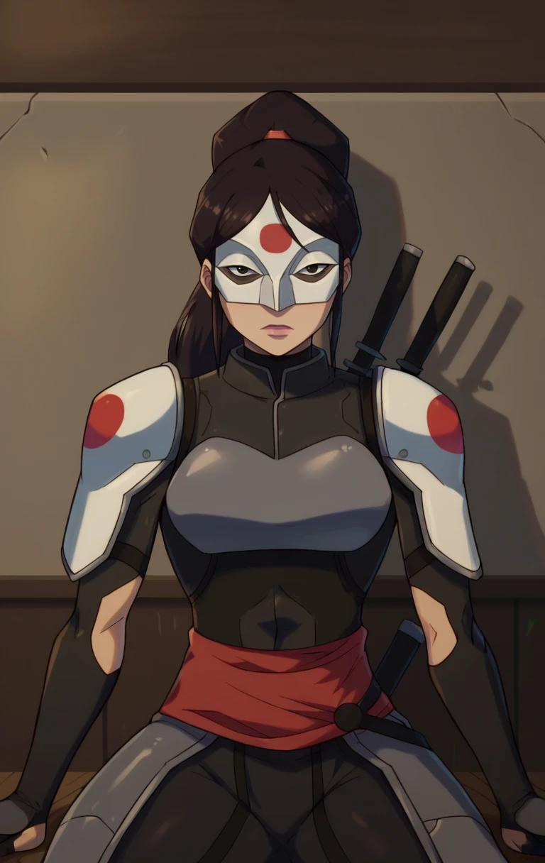 score_9,score_8_up,score_7_up BREAK <lora:YoungJusticeKatana-10:1>,YoungJusticeKatanaMarlo,1girl,black eyes,long hair,black hair,gloves,ponytail,armor,mask,weapon on back,cowboy shot,room,room background,sitting,