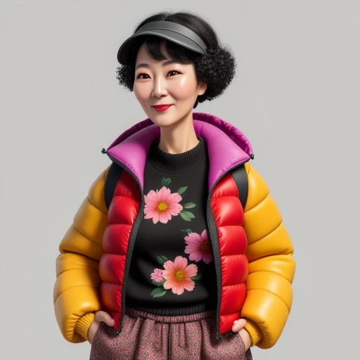 , black hair, selfie, An old korean older woman. She has a medium skin tone. She has short black hair with a bank visor in it. She is wearing a bold, smile, gradient, vibrant bright, patterned sweater, figurine, puffer jacket, floral pants, visor, animated, open puffer vest, curvy, chibi, over a paisley patterned sweater. Her baggy harem track pants are loose and  also feature a floral pattern. 1980s selfie animation cell ahjumma, modern Disney style, animation cell ahjumma, middle-aged Korean woman, autostereogram, 3d, short curly perm, contact lenses, colorful outfit consisting of an open puffer vest that goes to the waist, octane render