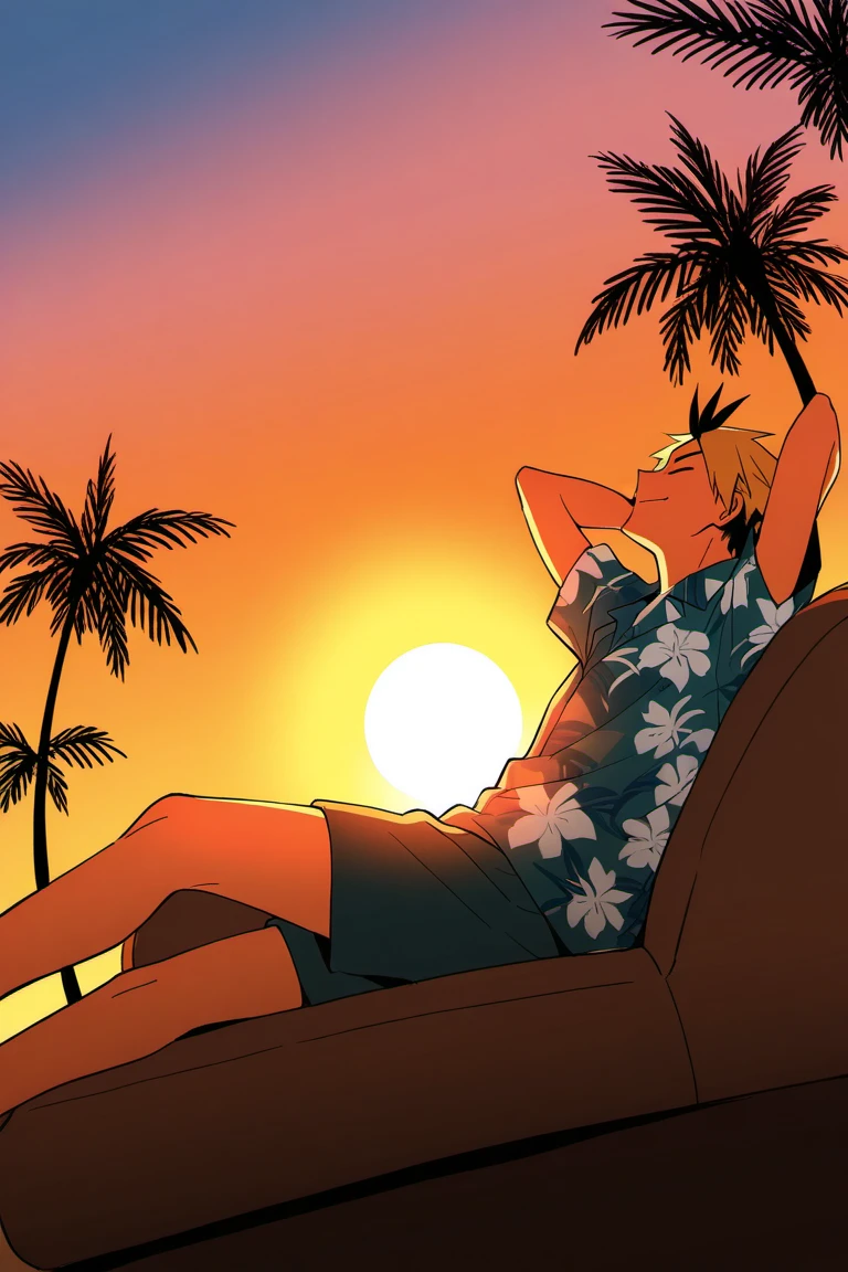 afternoon, sunset, natural lighting, orange theme, sun, summer theme, male focus, on recliner, leaning back, looking away, looking up, relaxing, KoganegawaHU, blonde-black_KoganegawaHU_multicolored hair, closed eyes, smiling, summer clothes, Hawaiian shirt, floral print, shorts, legs, legs apart, arms up, hands behind head, 1boy, background: outdoors beach, bush, palm tree, scenery, from below, dutch angle, intricately detailed illustration, masterpiece,best quality,amazing quality,very aesthetic,absurdres,newest