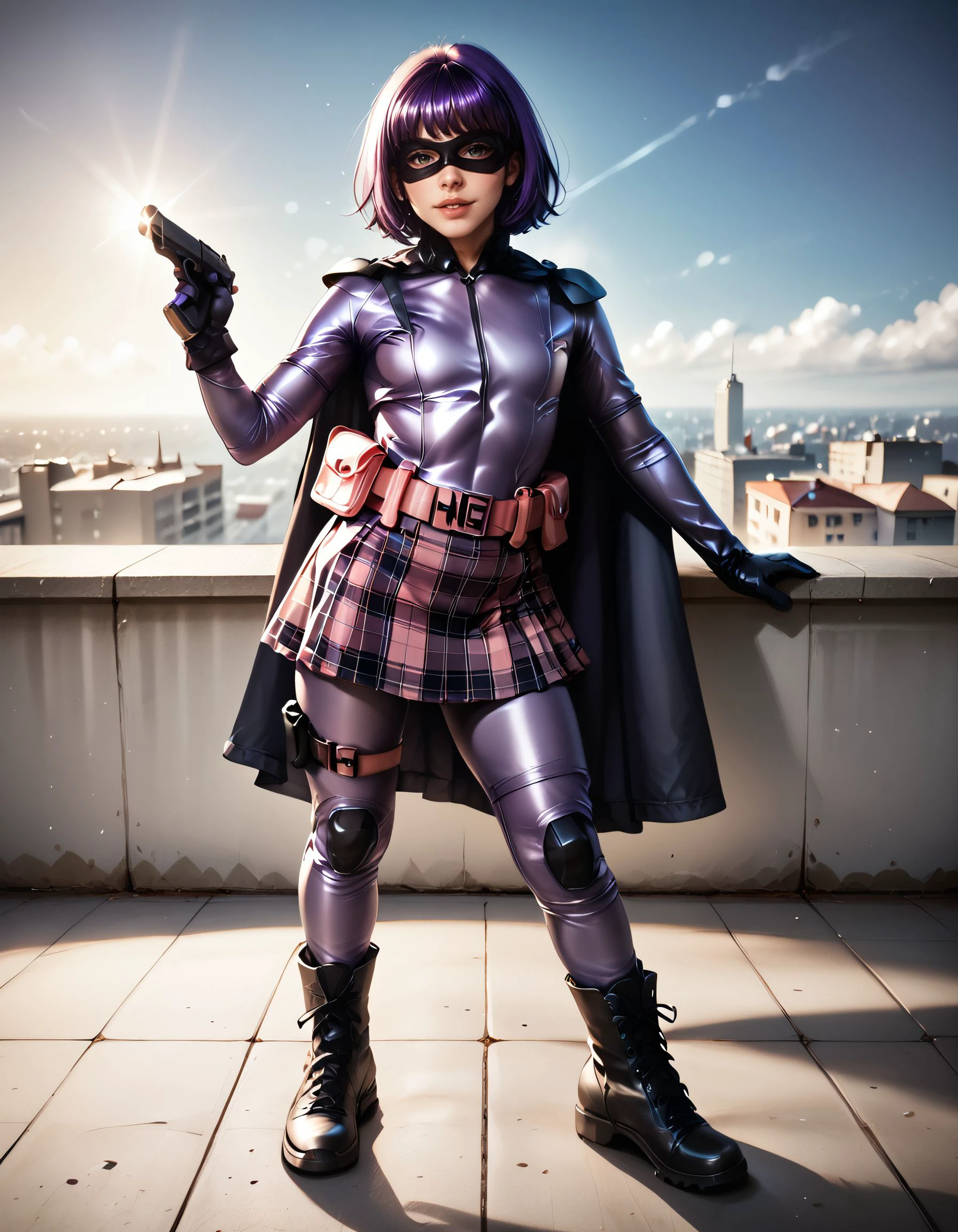 <lora:HitgirlCosplay:1> hitgirlcosplay
A girl, posing with a superheroic pose, dynamic posture, intensity, looking at viewer with a seductive gaze, pointing a gun at viewer. 
Purple hair, bob haircut with bangs, purple bodysuit, full bodysuit, black mask, black cape, black boots, black gloves, ((pink utility belt)), initials "HG" on the buckle, purple plaid skirt, purplee pants, black kneepads.
The background is the roof of a building, cityscape at night, with shadows., score_9, score_8_up, score_7_up, score_6_up, A highly detailed, intricate details, soft natural lighting, realistic anatomy, realistic eyes with catchlights, subtle skin shading, soft shadows, high resolution, smooth gradients, vibrant yet natural colors, cinematic lighting, depth of field, soft bokeh background, detailed eyes, detailed face,, zPDXL3, zPDXLrl, zPDXLxxx