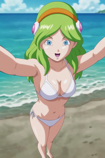 source_anime, score_9, score_8_up, score_7_up, anime screencap,
brianne, 1girl, drying, solo, long hair, breasts, looking at viewer, smile, open mouth, blue eyes, ocean, daylight, selfie, from above, beach, navel, cleavage, small breasts, swimsuit, full body, bikini, hairband, green hair, barefoot, side-tie bikini bottom, white bikini, tongue, legs_together, pointy nose, looking to the side, holding, eyelashes, eyebrows, arms up, hair ornament, yellow hairband, fingernails,
<lora:brianne_pony_v1:0.8>