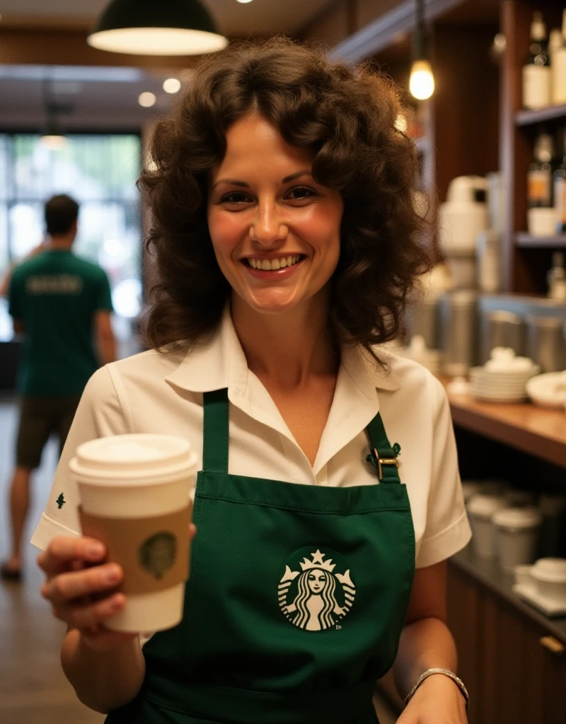 Linda Lovelace is a woman wearing a starbucks uniform and serving coffee at starbucks  <lora:Linda Lovelace:0.9>