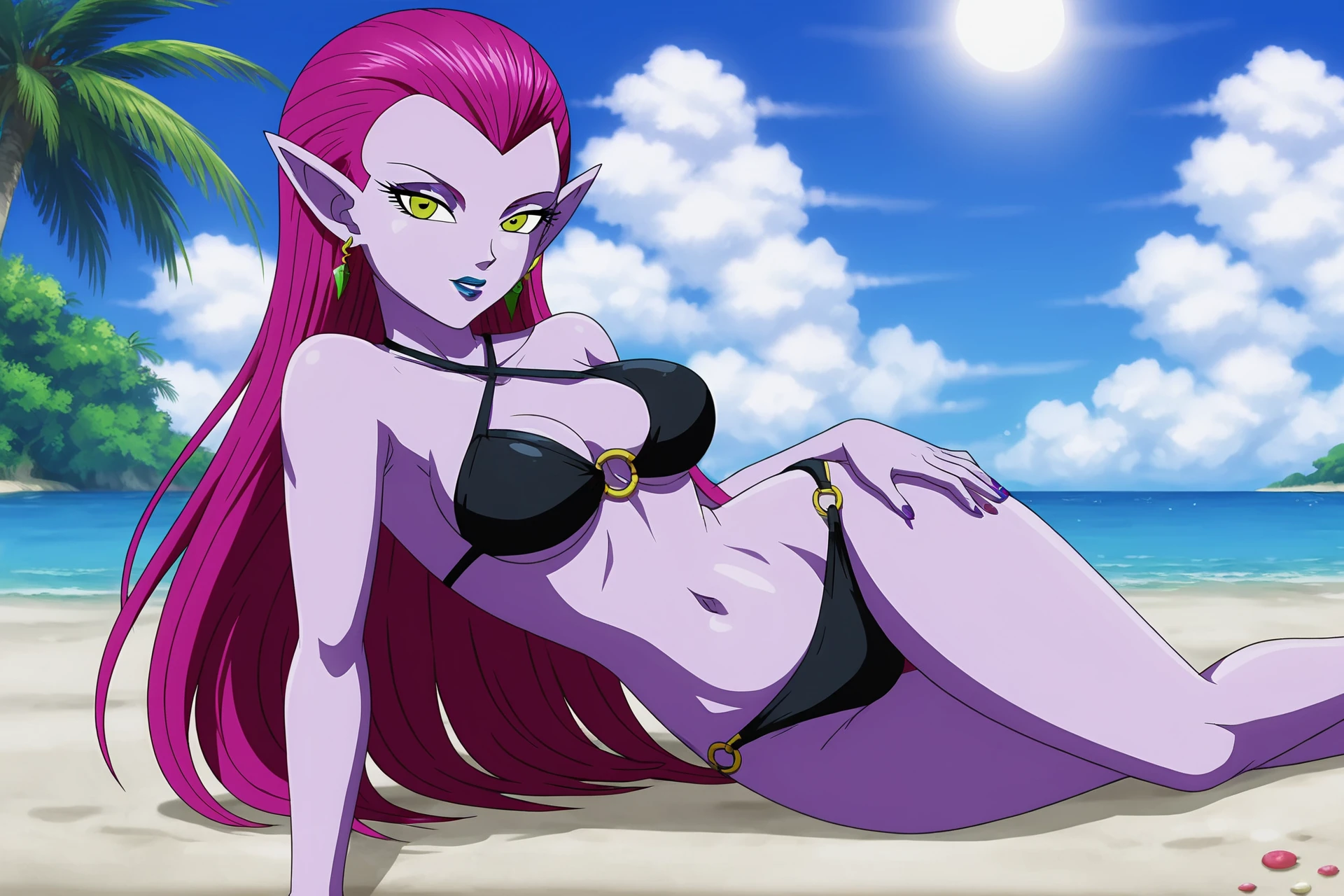 source_anime, score_9, score_8_up, score_7_up, anime screencap,
cocottedbs, 1girl, solo, breasts, looking at viewer, navel, medium breasts, very long hair, swimsuit, yellow eyes, purple hair, bikini, earrings, outdoors, sky, day, pointy ears, cloud, makeup, black bikini, halterneck, pose, lipstick, o-ring, ocean, purple skin, beach, sand, purple lips
 <lora:cocotte_pony_v1:0.8>