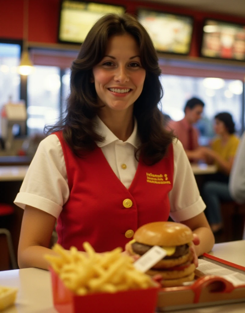 Linda Lovelace is a woman with straight hair wearing a mcdonalds uniform and serving burgers and fries in mcdonalds  <lora:Linda Lovelace:0.9>