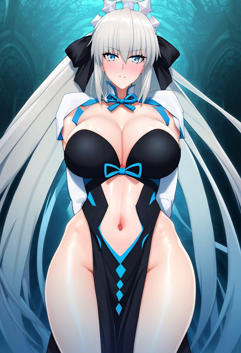 score_9, score_8_up, score_7_up, uncensored, source_anime, masterpiece, (1girl, solo), long hair, grey hair, blue eyes, very long hair, ponytail, black ribbon, hair ribbon, french braid, short dress, detached sleeves, cleavage, clothing cutout, detached collar, pelvic curtain, huge breasts, looking at viewer, hands behind back,