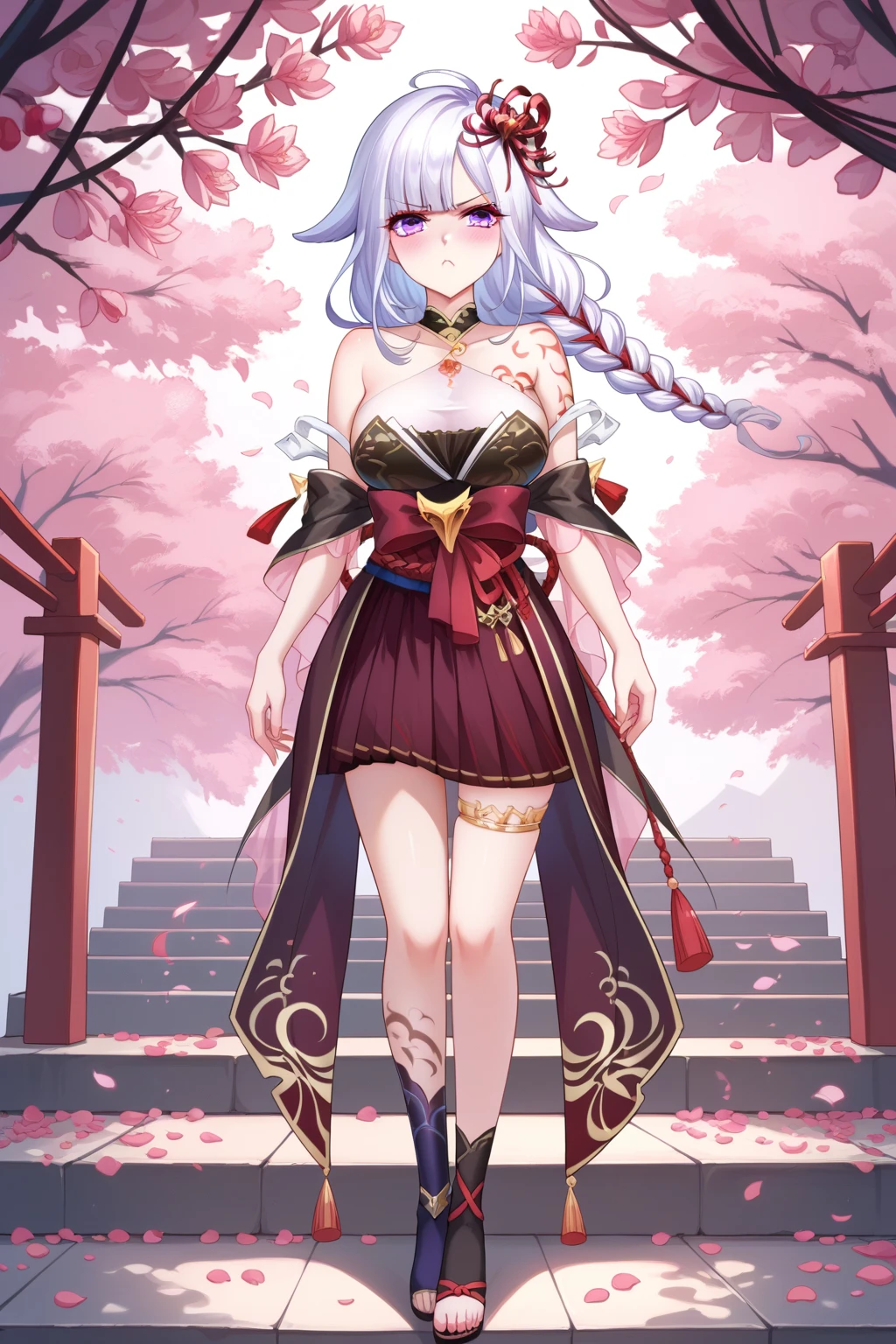 score_9, score_8_up, score_7_up, source_anime, Fengying, feng_1st, purple eyes, white hair, long hair, braid, hair rope, red hair rope, hair ornament, hair flower, spider lily, helterneck, gem, halter dress, bare shoulders, arm cuffs, gold trim, sash, duel sash, skirt, red brown skirt, layered skirt, mini skirt, bow, thighlet, footwear, black foowear, toeless footwear, tattoo, calf tattoo, arm tattoo, forearm tattoo, blush, pout, cherry blossom, petals