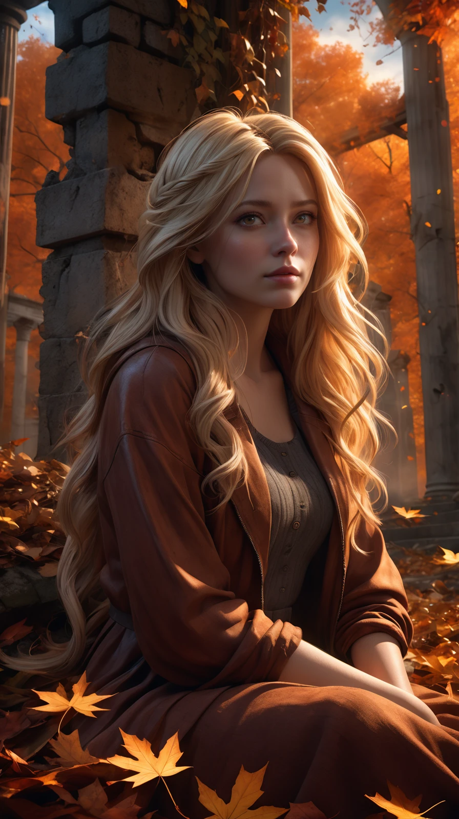 an award winning photo of a blonde long haired 25 years old women sitting in a autumn forest surrounded by a ruin and a whirlwind of swirling autumn leafs the atmosphere is magical and warm and pleasant backlighting, vibrant,magical night sky,soft, beautiful, dreamy, realistic, professional, masterpiece, high detail, fine art, cinematic, high quality, masterpiece,HDR, dramatic lighting, golden ratio, artstation, hyperrealistic,,cinematic, dramatic, digital art, high dslr, 8k, 3D, masterpiece, dark, moody, red and orange color scheme, detailed face-on-camera, octane render, cinematic, high detailed,