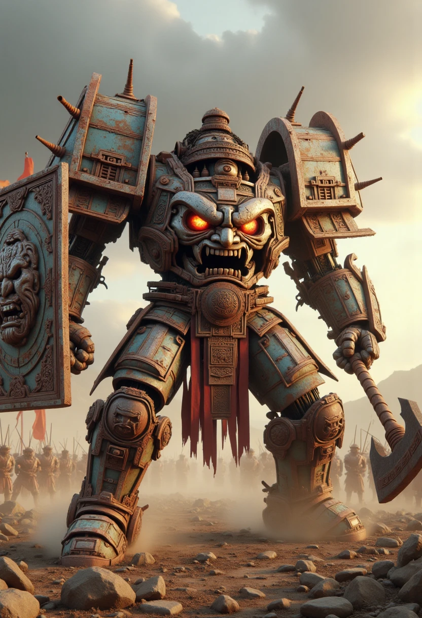 xingtianmech, face on torso, in a fierce fighting stance on the battlefield, its rusty and broken armor reflecting the remnants of a shattered world. Armed with a massive axe and a massive square shield with face on it, this ancient mecha, with piercing red eyes engulfed in fiery flames, embodies the strength and resilience in a ruined battlefield landscape, attacked by thousand soldiers, set in ancient China, ruins, fire smoke, banner, dust. <lora:Xingtianmech:0.8>