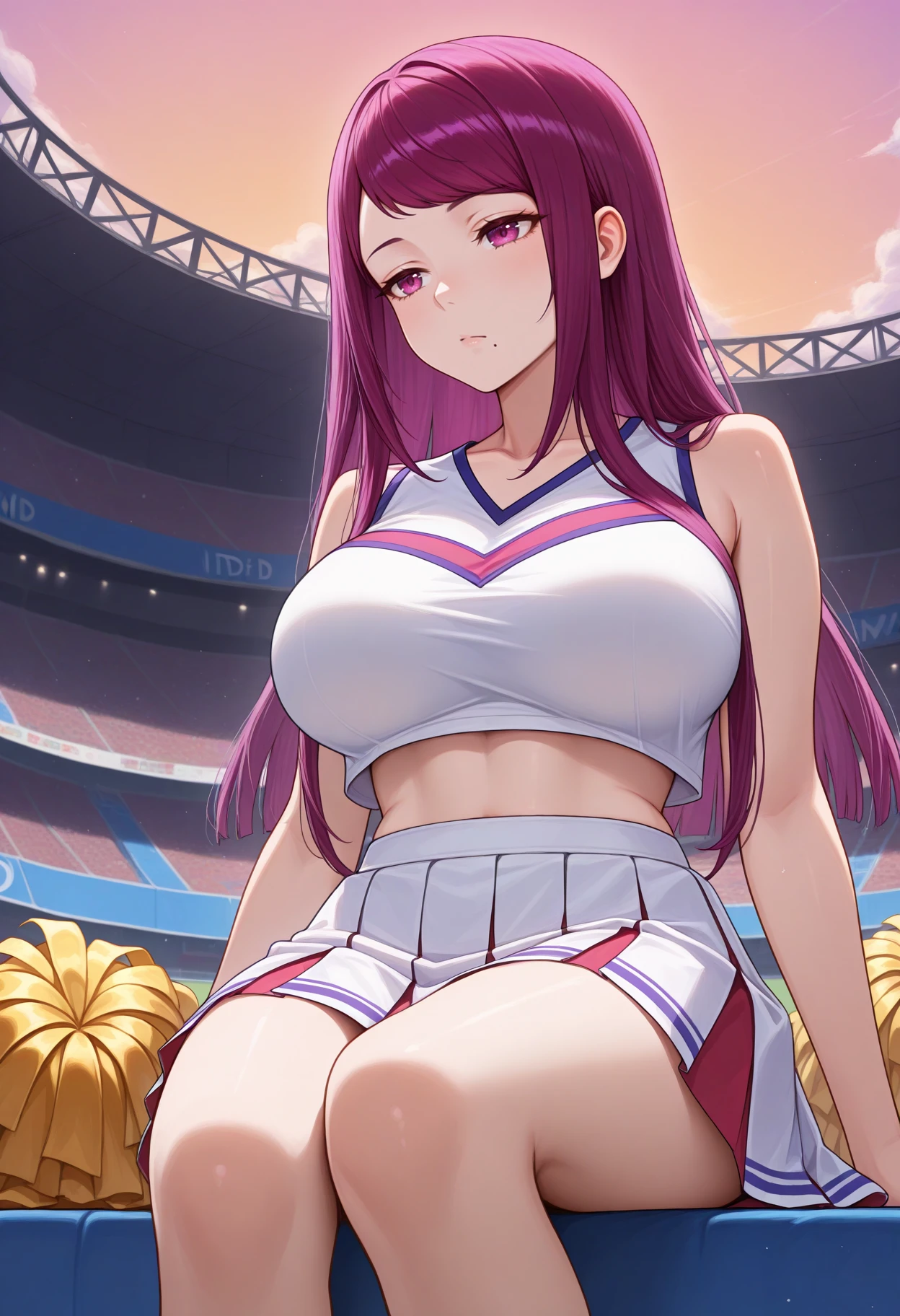 masterpiece, best quality, 1girl, solo, sitting, bored, cheerleader, <lora:IvyFE-illu:1> ivd, purple hair, long hair, purple eyes, mole under mouth, large breasts, white crop top, sleeveless, midriff, pleated skirt, stadium, sky