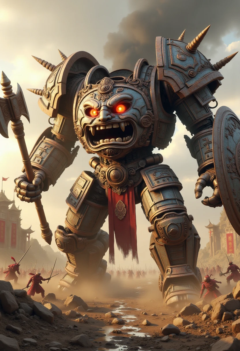 xingtianmech, face on torso, fighting stance, on battlefield, broken armor. weapon, axe, swinging a massive axe, shield, holding sturdy shield, ancient mecha, two large red eyes, (eyes on fire:1.2), large mouth, (breathing fire:1.15), soldiers, set in ancient China, ruins, fire smoke, banner, dust. <lora:Xingtianmech:0.8>