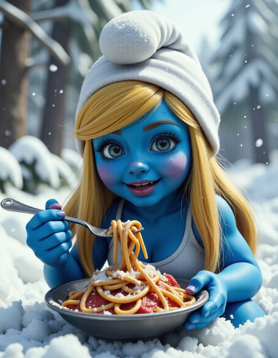 Intricately detailed, hyper-realistic portrait of an adorable CGI cartoon sexy smurfette eating spaghetti in the snow