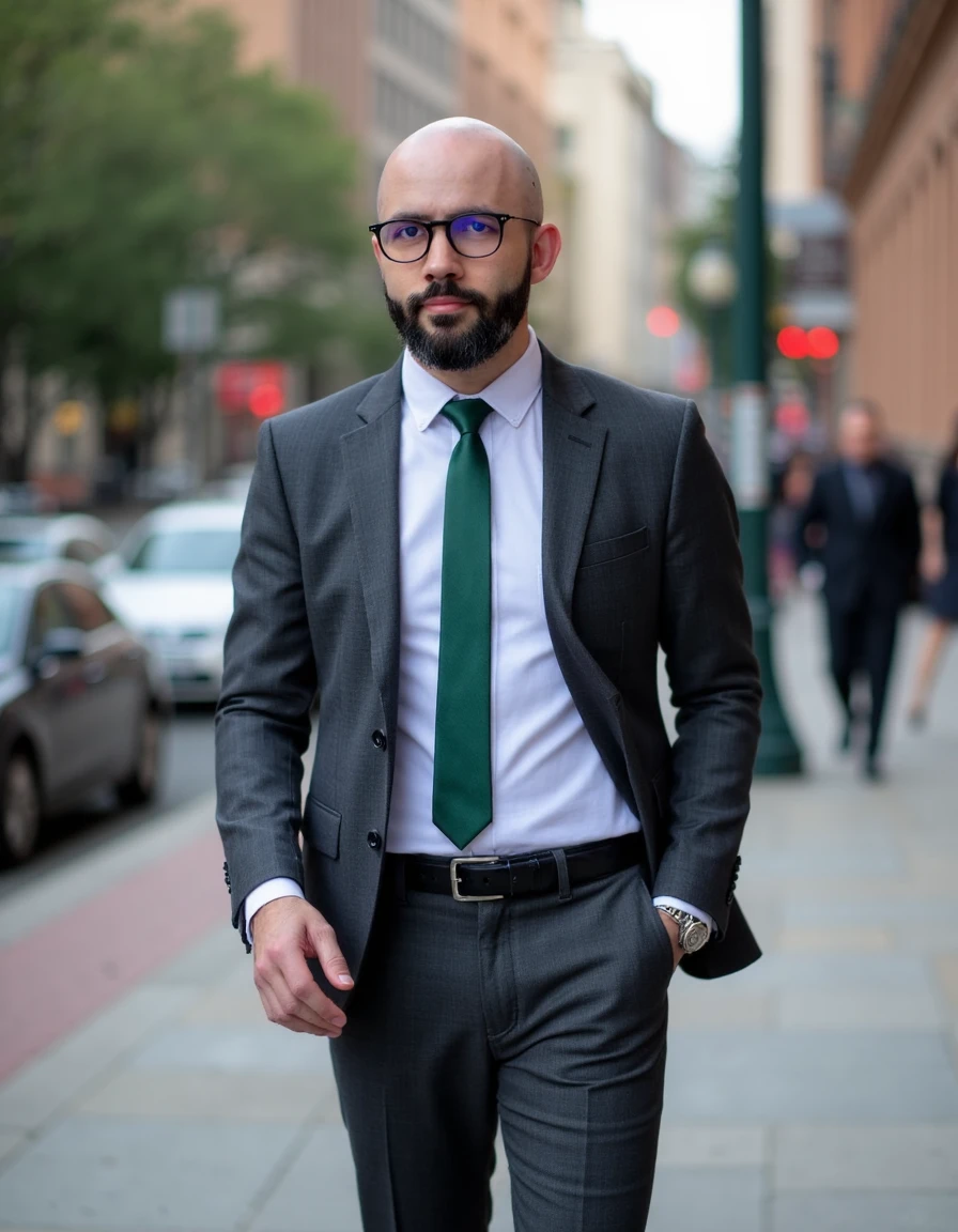 4ndr3wr3a This is a photograph of a handsome man walking in a city.. He is bald. He has a beard. He has glasses on. He is wearing a suit and tie. He has a grey blazer on. He has grey slacks on. He has a white dress shirt on. He has a green tie on. He is walking on the sidewalk. He is modeling.  4k, photography, high quality, high resolution, highly detailed, clear focus, DSLR, RAW photo  <lora:Andrew_Rea_FLUX:1>