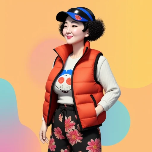 modern Disney style, animation cell ahjumma, visor, gradient, autostereogram, open puffer vest, colorful outfit consisting of an open puffer vest that goes to the waist, An old korean older woman. She has a medium skin tone. She has short black hair with a bank visor in it. She is wearing a bold, vibrant bright, curvy, short curly perm, chibi, octane render, 3d, selfie, smile, contact lenses, patterned sweater, middle-aged Korean woman, over a paisley patterned sweater. Her baggy harem track pants are loose and  also feature a floral pattern. 1980s selfie animation cell ahjumma, floral pants, animated, , figurine, black hair, puffer jacket