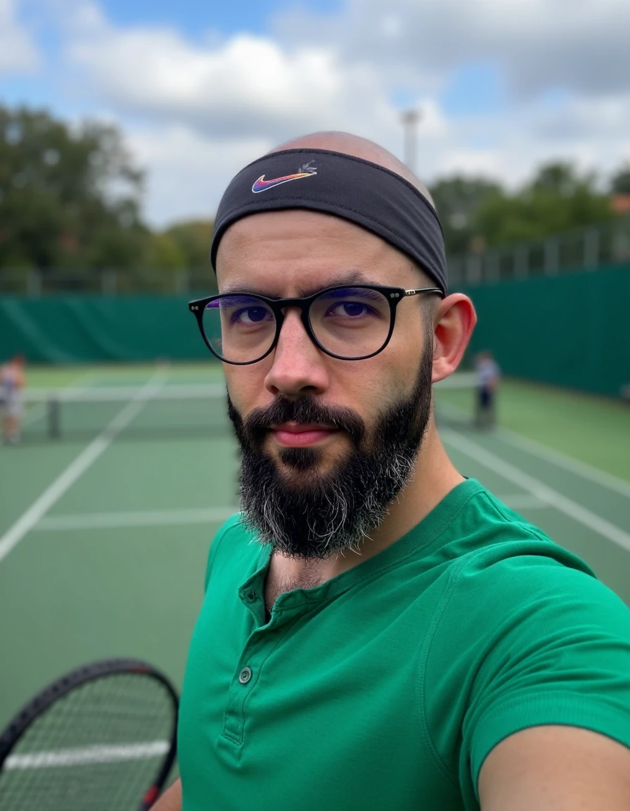 4ndr3wr3a This is a photograph of a handsome man standing on a tennis court. He is bald. He has a beard. He has glasses on. He is wearing a green shirt.  He is wearing a headband. He is holding a tennis racket.  4k, photography, high quality, high resolution, highly detailed, clear focus, DSLR, RAW photo  <lora:Andrew_Rea_FLUX:1>