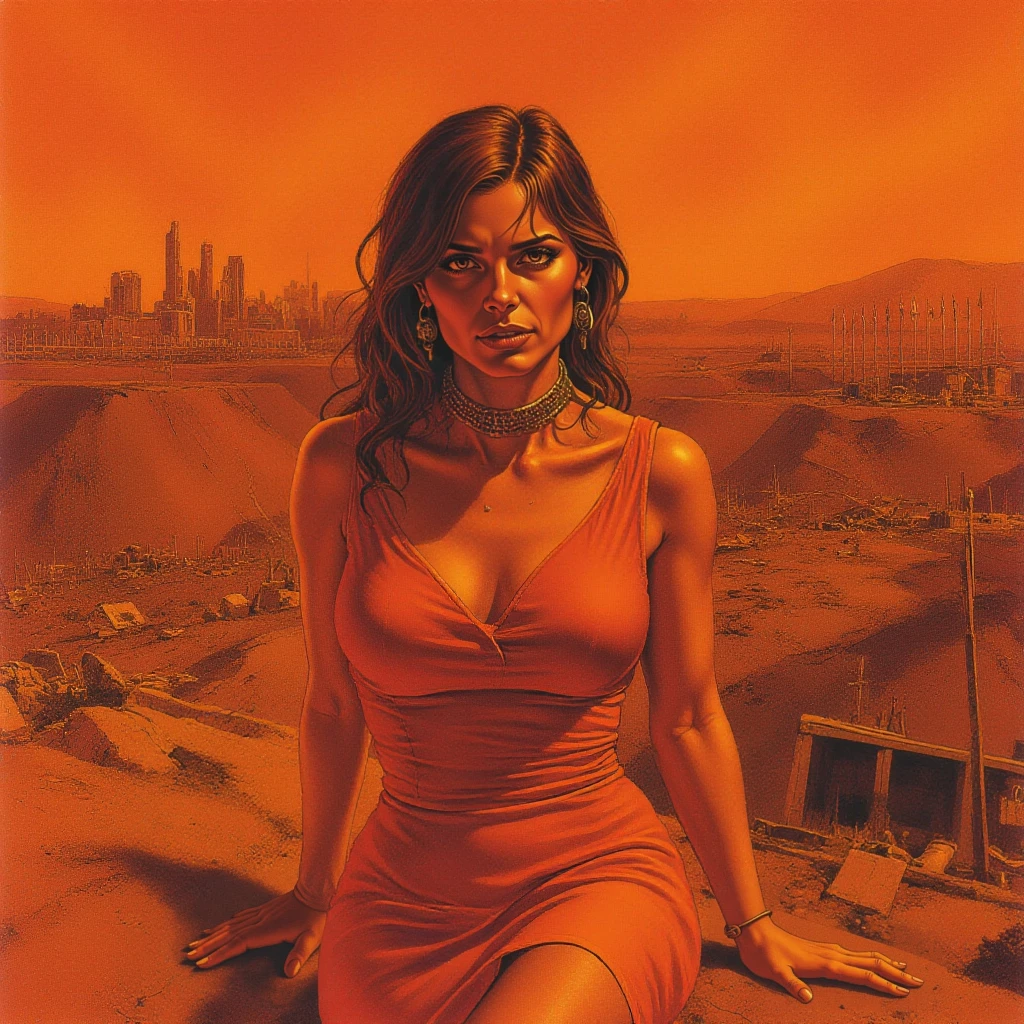 A close up of a woman wearing a dress, painting in the style of m3g4d3thart artstyle, with a destroyed city in the background, orange tone