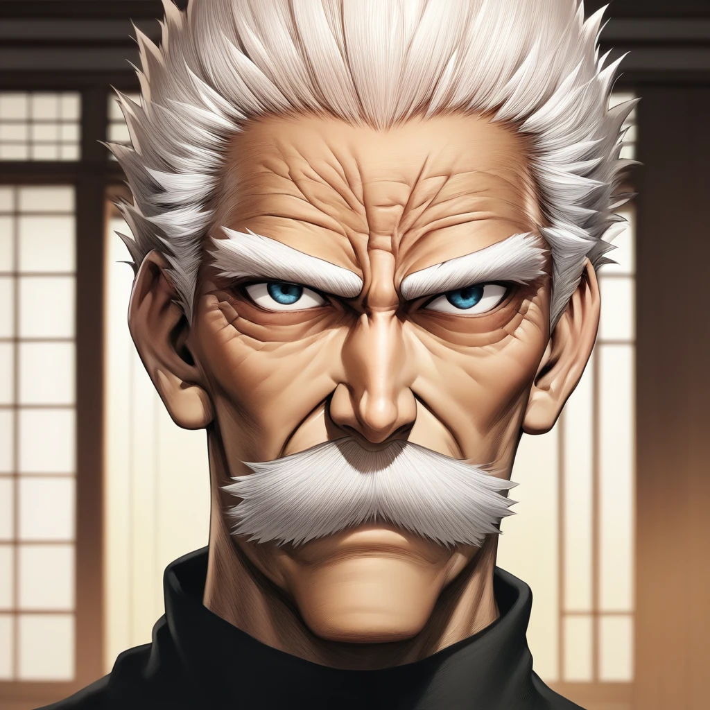 score_9_up, score_8_up, score_7_up, high quality, detailed, 1boy, source_anime, male, solo male, human, masculine, muscular, broad shoulders, old man, older male, short white hair, big white mustache, white eyebrows, blue eyes, defined facial features, defined pecs, defined abs, athletic build,black long sleeve shirt, bust shot, looking at viewer, dojo background