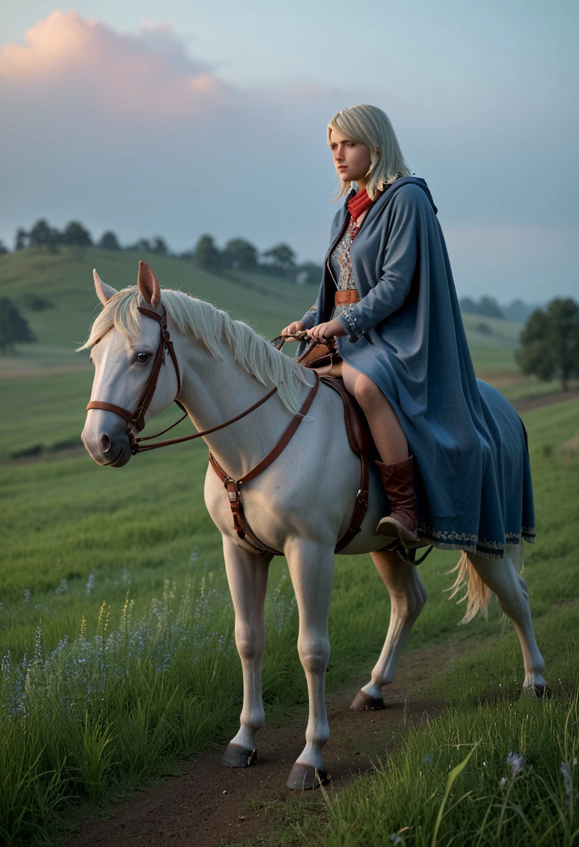 score_9, score_8_up, score_7_up Keira Metz riding her horse across a misty field at dawn, her cloak billowing in the morning light