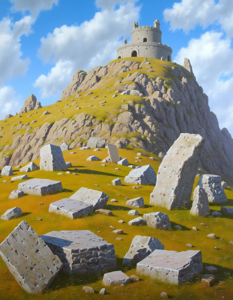 a painting of  The windswept summit of Weathertop bears the crumbling ruins of an ancient watchtower. Broken stones scattered across the hilltop tell tales of forgotten battles, while the surrounding landscape stretches away in all directions, wild and untamed beneath racing clouds.
<lora:TedNasmith_MiddleEarth-flux-v2:1.25>