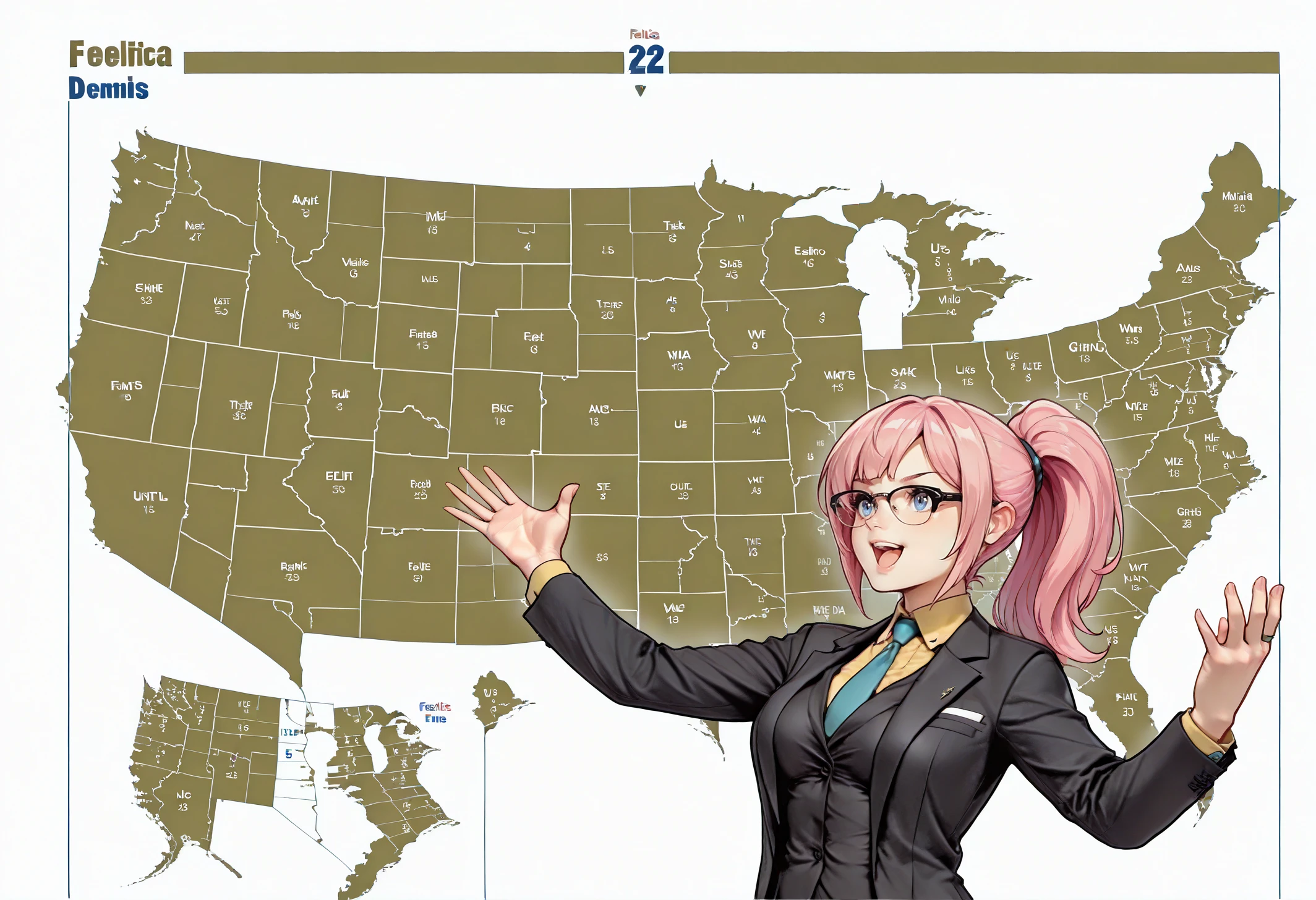 masterpiece, best quality, map, united states, outstretched arms, upper body, <lora:JebWinsMeme_illusXL_Incrs_v1:1>, (felicia \(fire emblem\):0.9), pink hair, suit, black suit, necktie, 1girl, yellow background, white background, english text, ponytail, black-framed eyewear,  <lora:raybanclubmaster-concept-richy-v1_ixl:1>