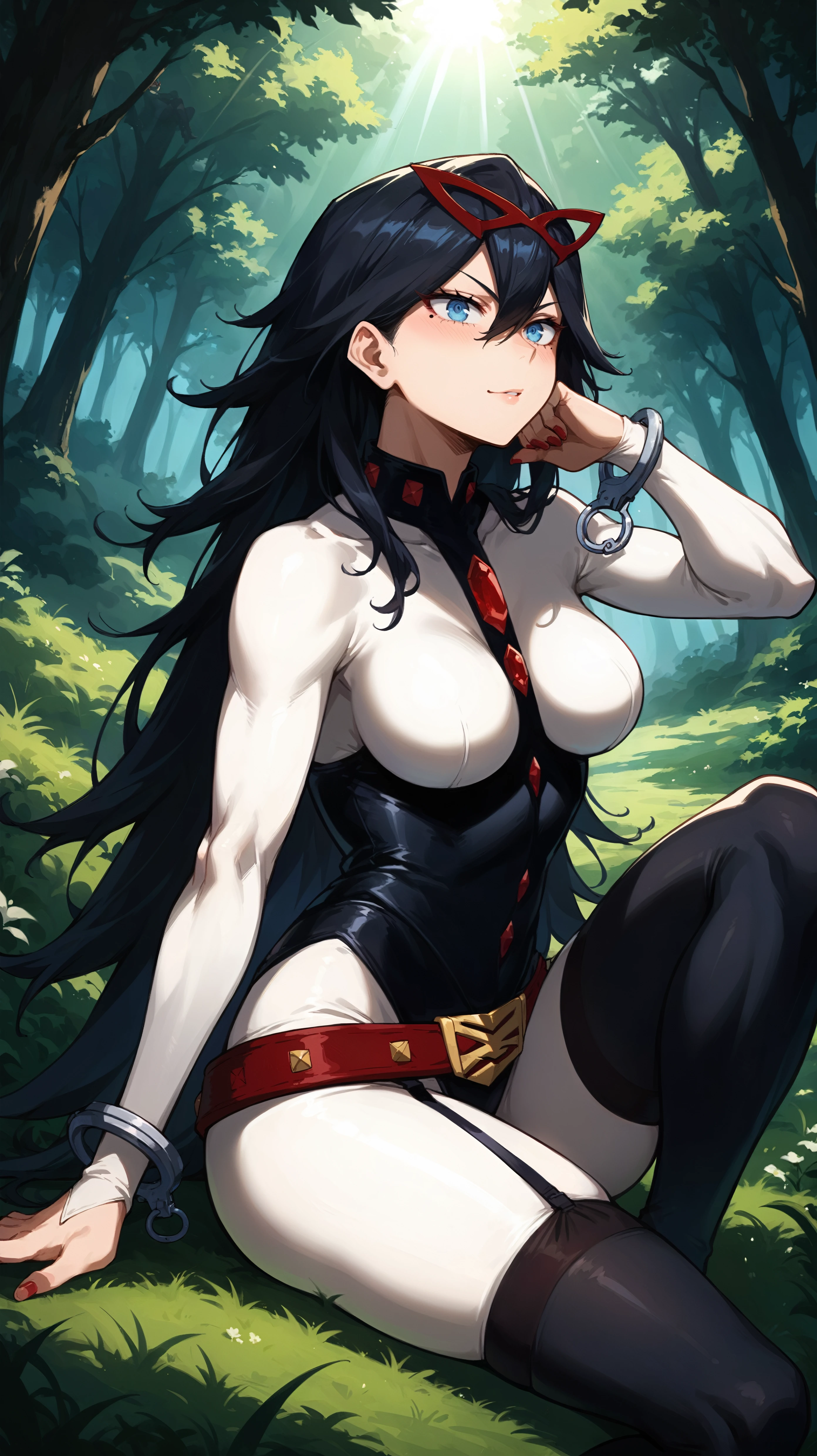score_9,score_8_up,score_7_up,score_6_up, <lora:xl_more_art-full_v1:0.5>, source_anime, woman, dynamic pose, sitting, <lora:Nemuri Kayama (Midnight) - Pony:0.8>, long hair, black hair, blue eyes, red mask, domino mask, mole under eye, white , black , multicolored , skintight, red gemstones, handcuffs, red belt, garter straps, black thighhighs, forest, tall grass, light rays,
