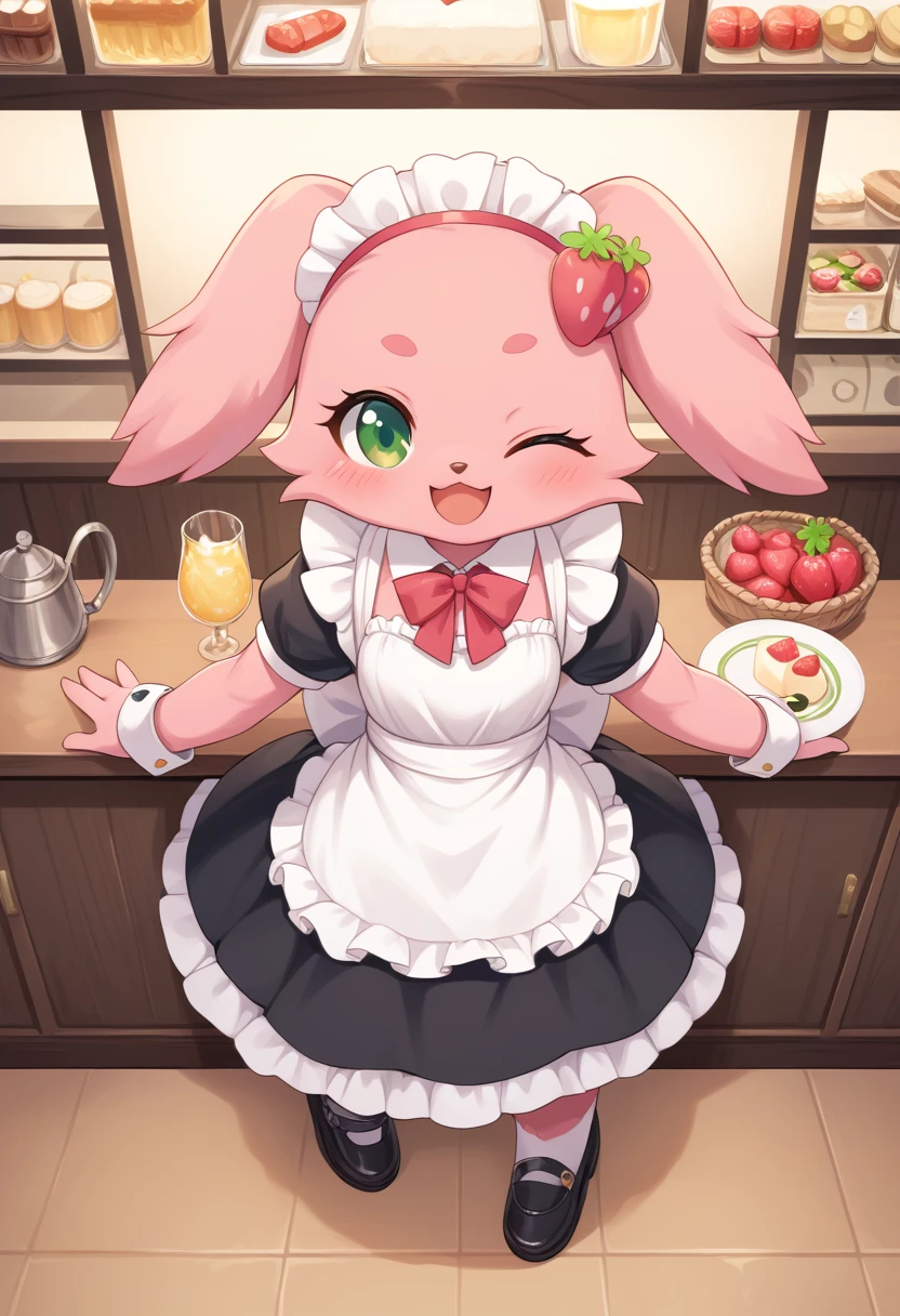 pink fur, score_9, score_8_up, score_7_up, score_6_up, score_5_up, BREAK
Av3nue, anthro, female, solo, looking at viewer, blush, smile, open mouth, green eyes, full body, one eye closed, food, no humans, fruit, ;d, gem, furry, strawberry, food-themed hair ornament, pink fur, maid uniform, cafe, pink theme