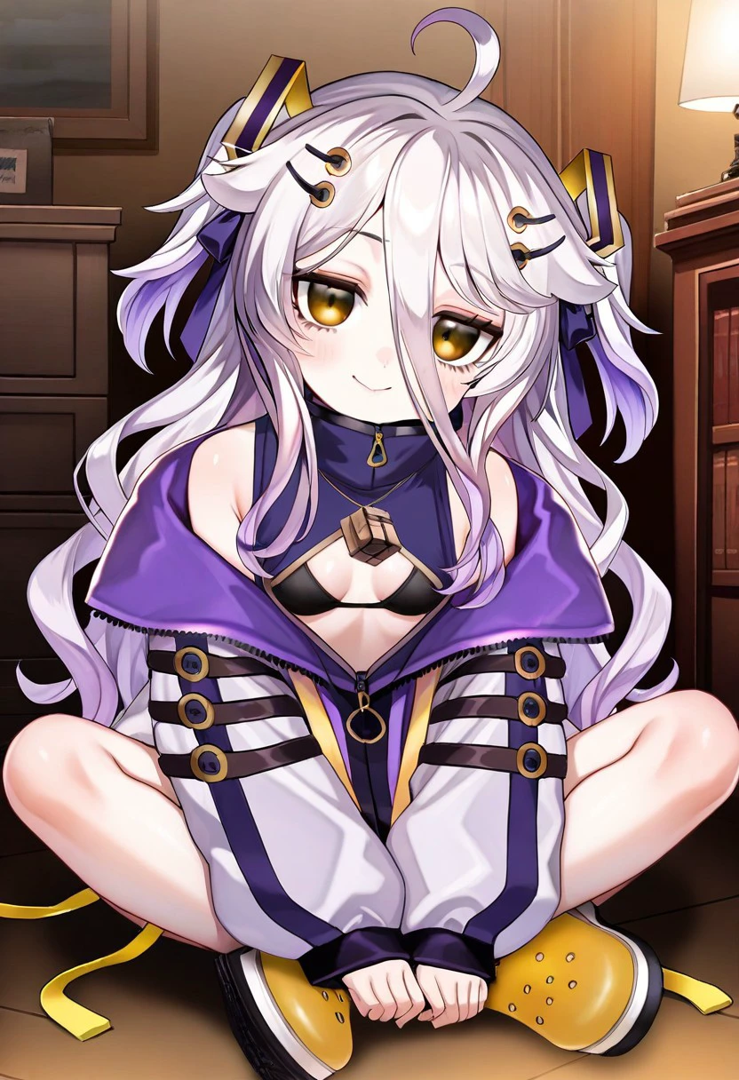 1girl, solo, standing, bedroom, stuffed toy, cowboy shot, happy, :D, henya, purple jacket, bare shoulder, off shoulder, clothing cutout, dress, open clothes, puffy long sleeves, small breasts, wide hips, curvy <lora:henya:1> <lora:thicker lines anime:1> <lora:anime screencap:0.7>